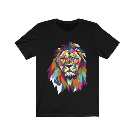 A vibrant Colorful Lion T-Shirt featuring a bold lion graphic, made from 100% cotton, showcasing its classic fit and medium fabric weight.