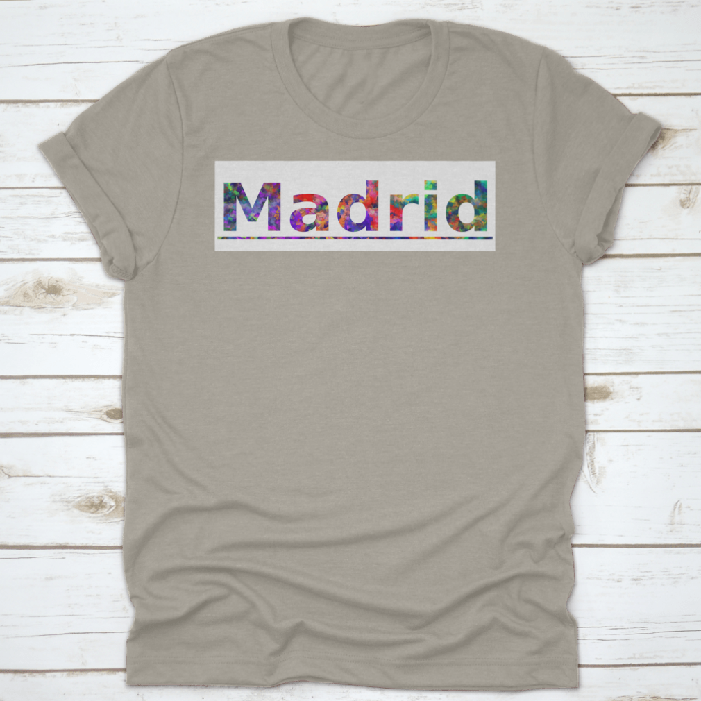 Colorful shirt featuring Madrid typography design, showcasing vibrant text banner.