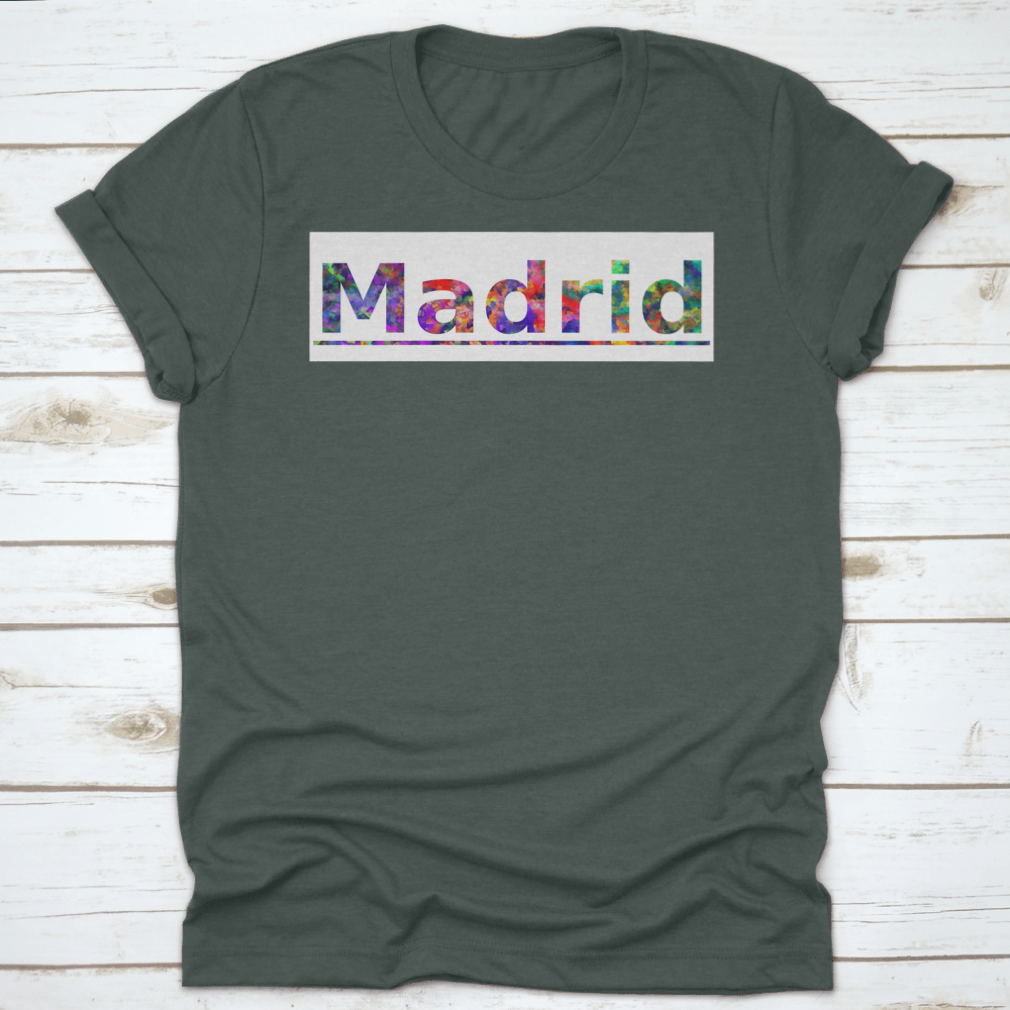 Colorful shirt featuring Madrid typography design, showcasing vibrant text banner.