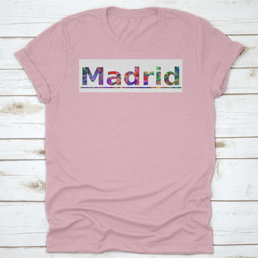 Colorful shirt featuring Madrid typography design, showcasing vibrant text banner.