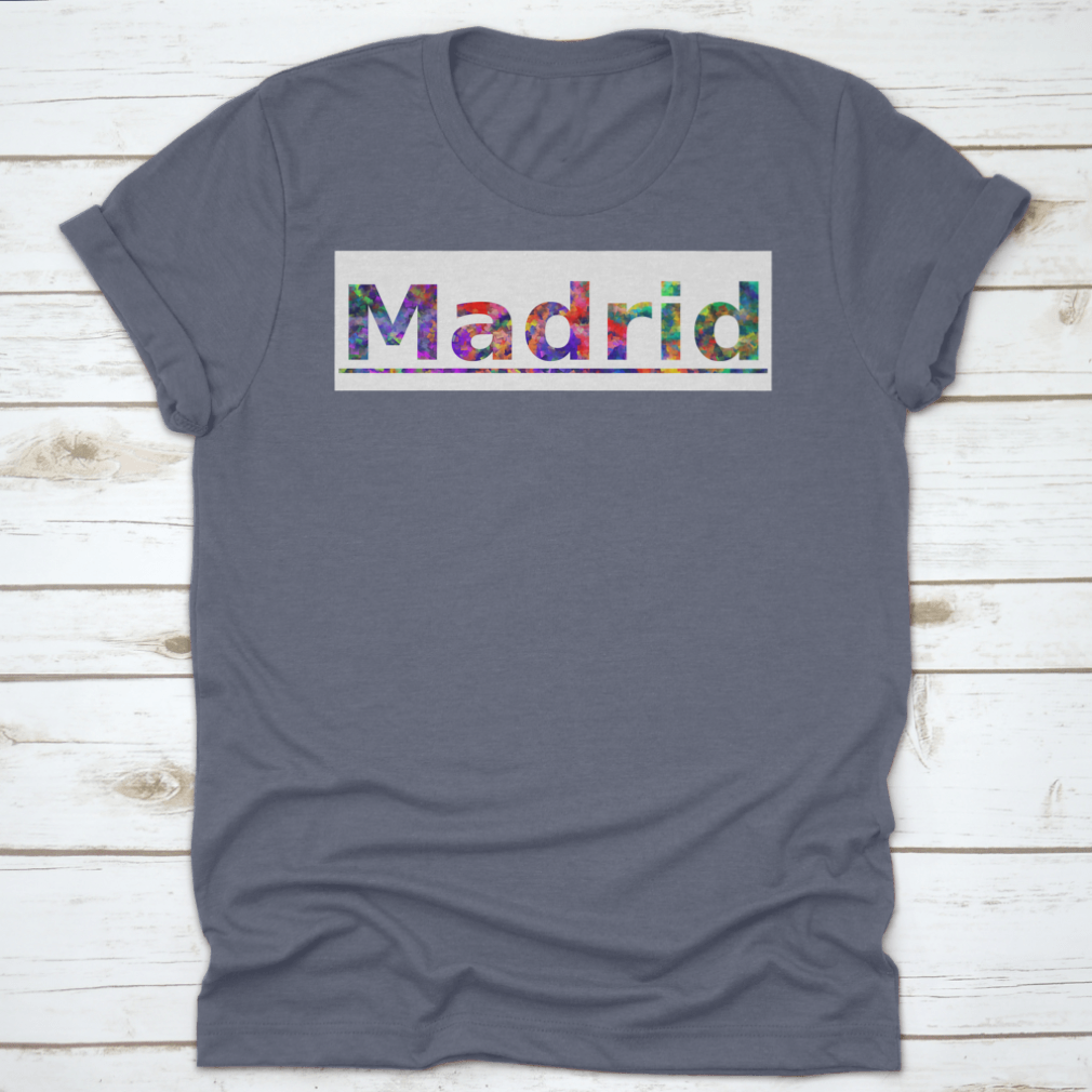 Colorful shirt featuring Madrid typography design, showcasing vibrant text banner.