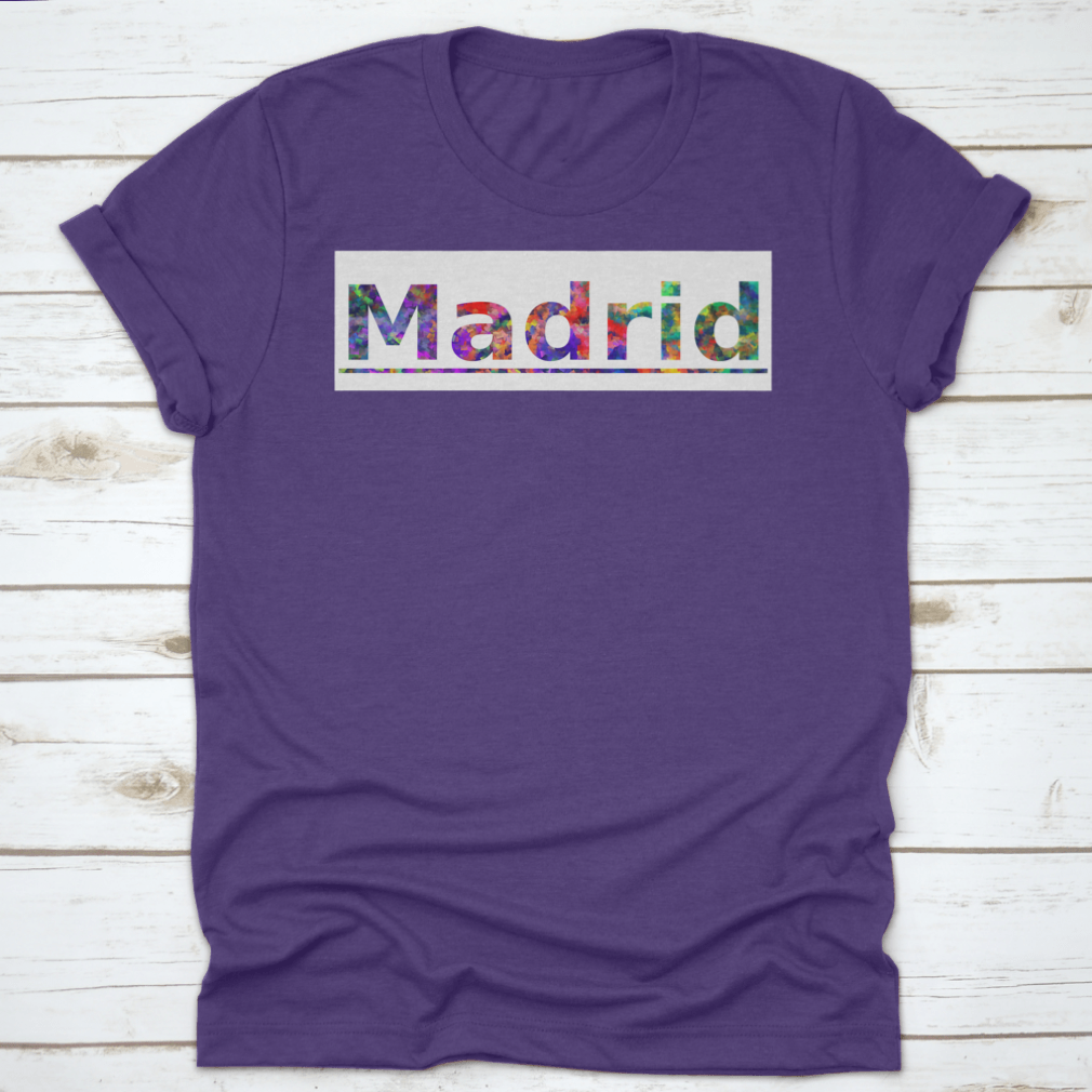 Colorful shirt featuring Madrid typography design, showcasing vibrant text banner.