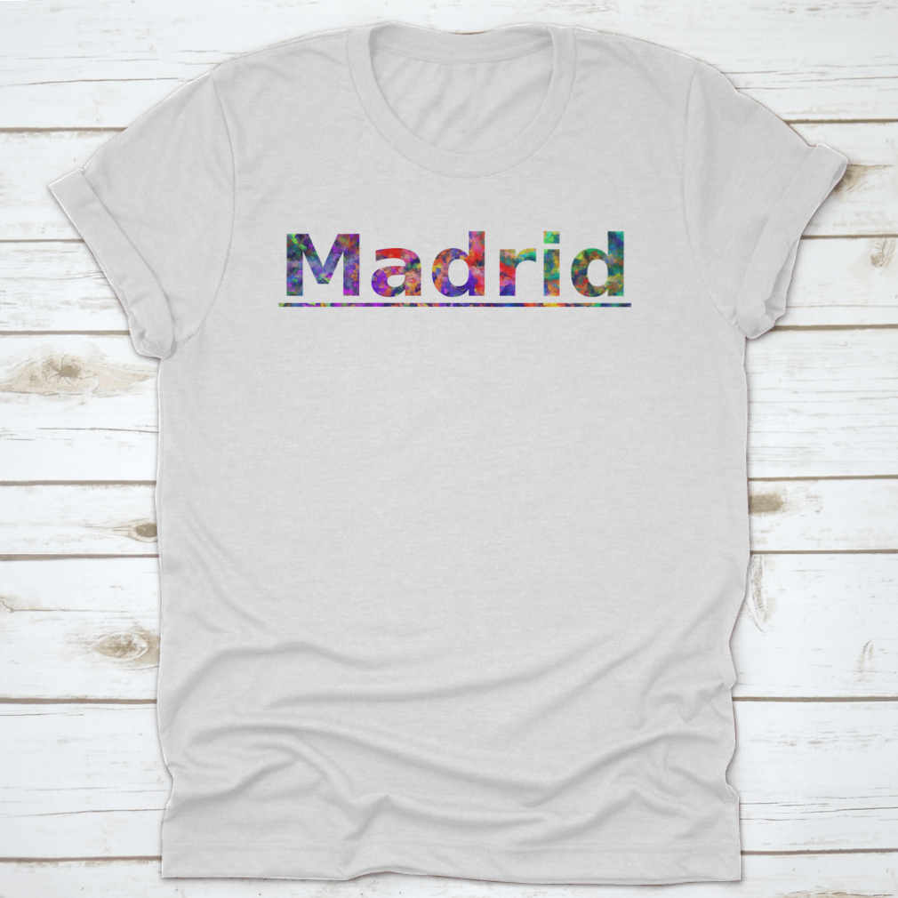 Colorful shirt featuring Madrid typography design, showcasing vibrant text banner.