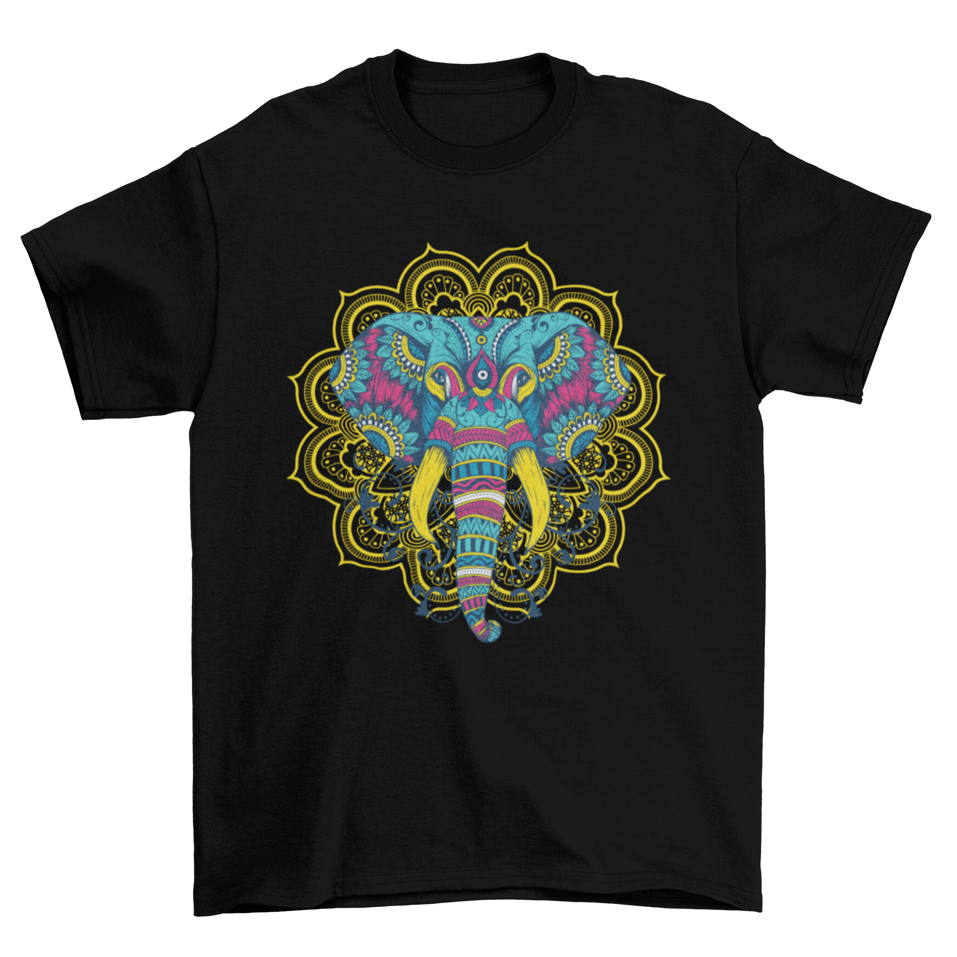 A vibrant t-shirt featuring a colorful mandala elephant graphic, showcasing intricate patterns and designs.