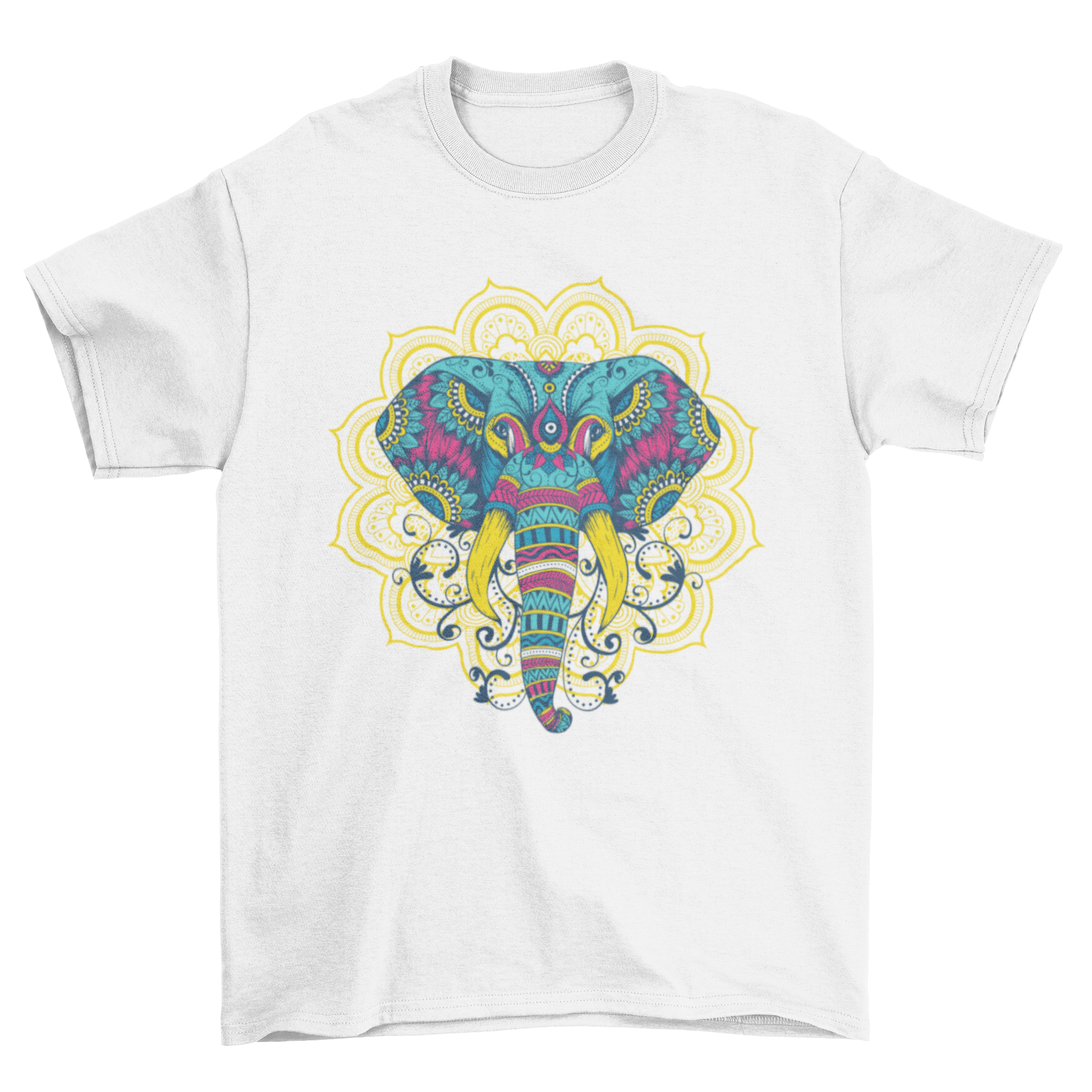 A vibrant t-shirt featuring a colorful mandala elephant graphic, showcasing intricate patterns and designs.