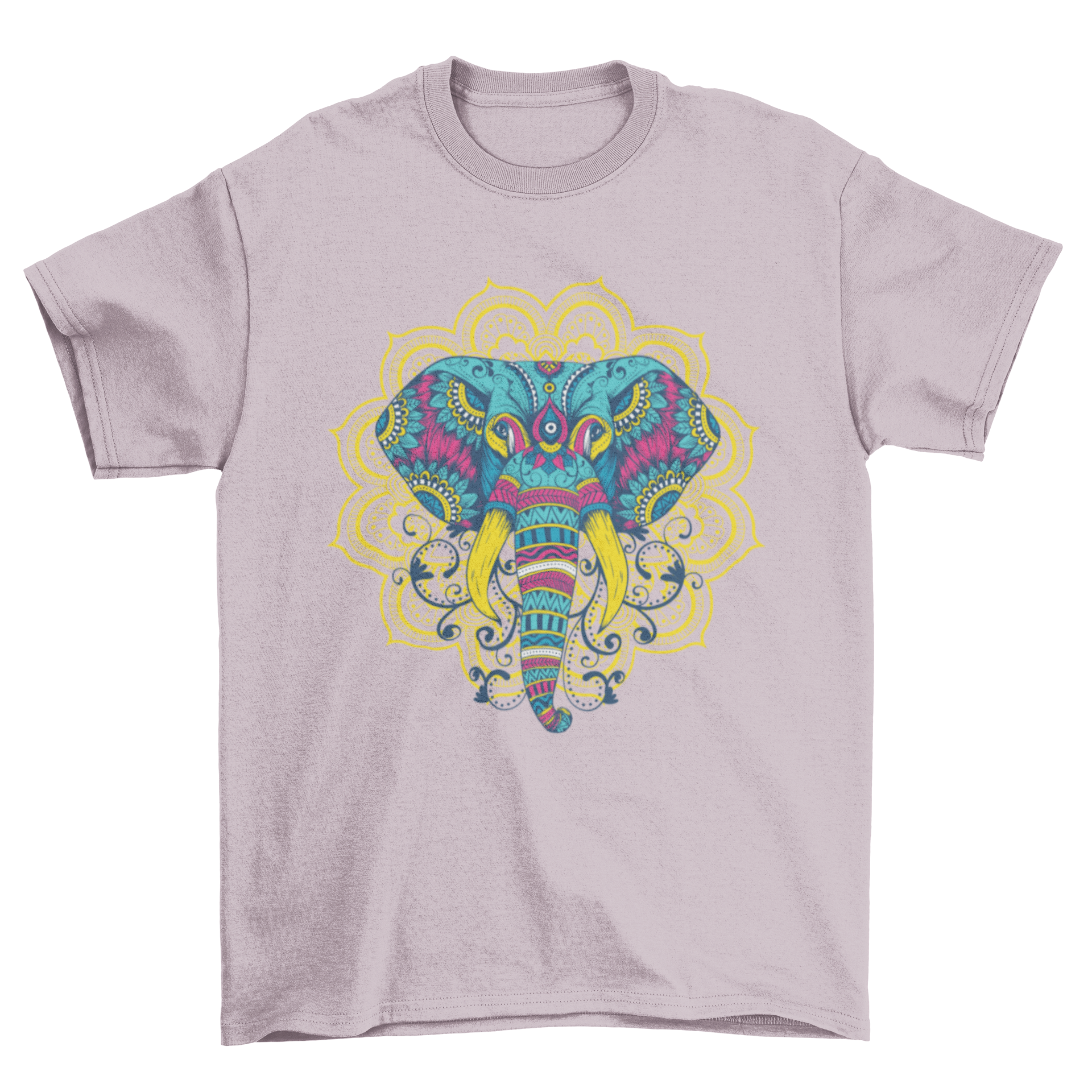 A vibrant t-shirt featuring a colorful mandala elephant graphic, showcasing intricate patterns and designs.