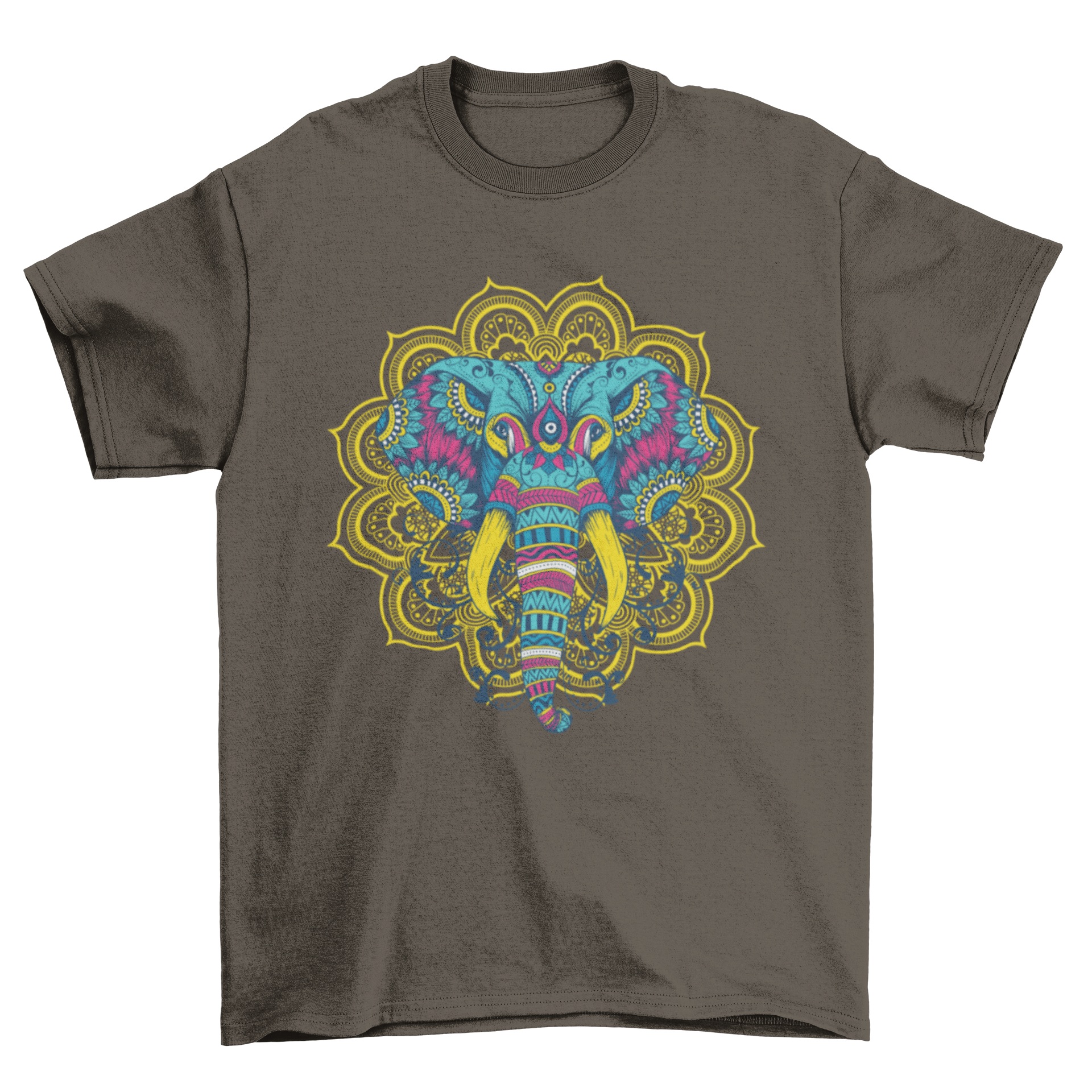 A vibrant t-shirt featuring a colorful mandala elephant graphic, showcasing intricate patterns and designs.