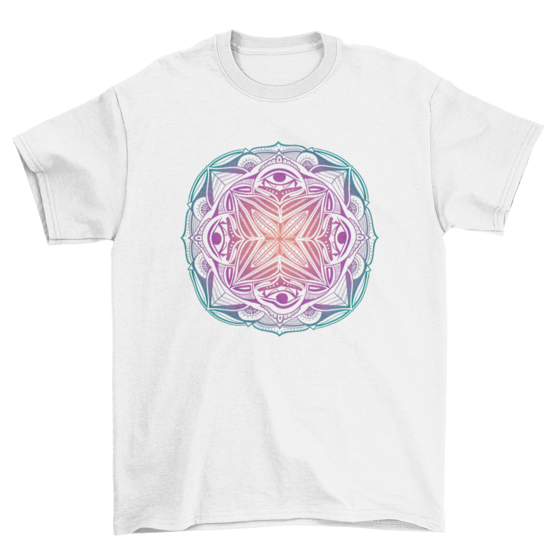 A vibrant Colorful Mandala T-shirt featuring a trippy mandala design in various colors, perfect for casual wear.