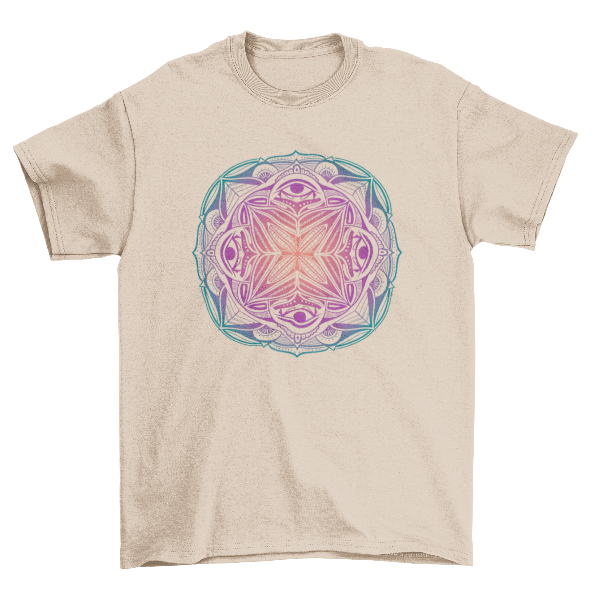 A vibrant Colorful Mandala T-shirt featuring a trippy mandala design in various colors, perfect for casual wear.