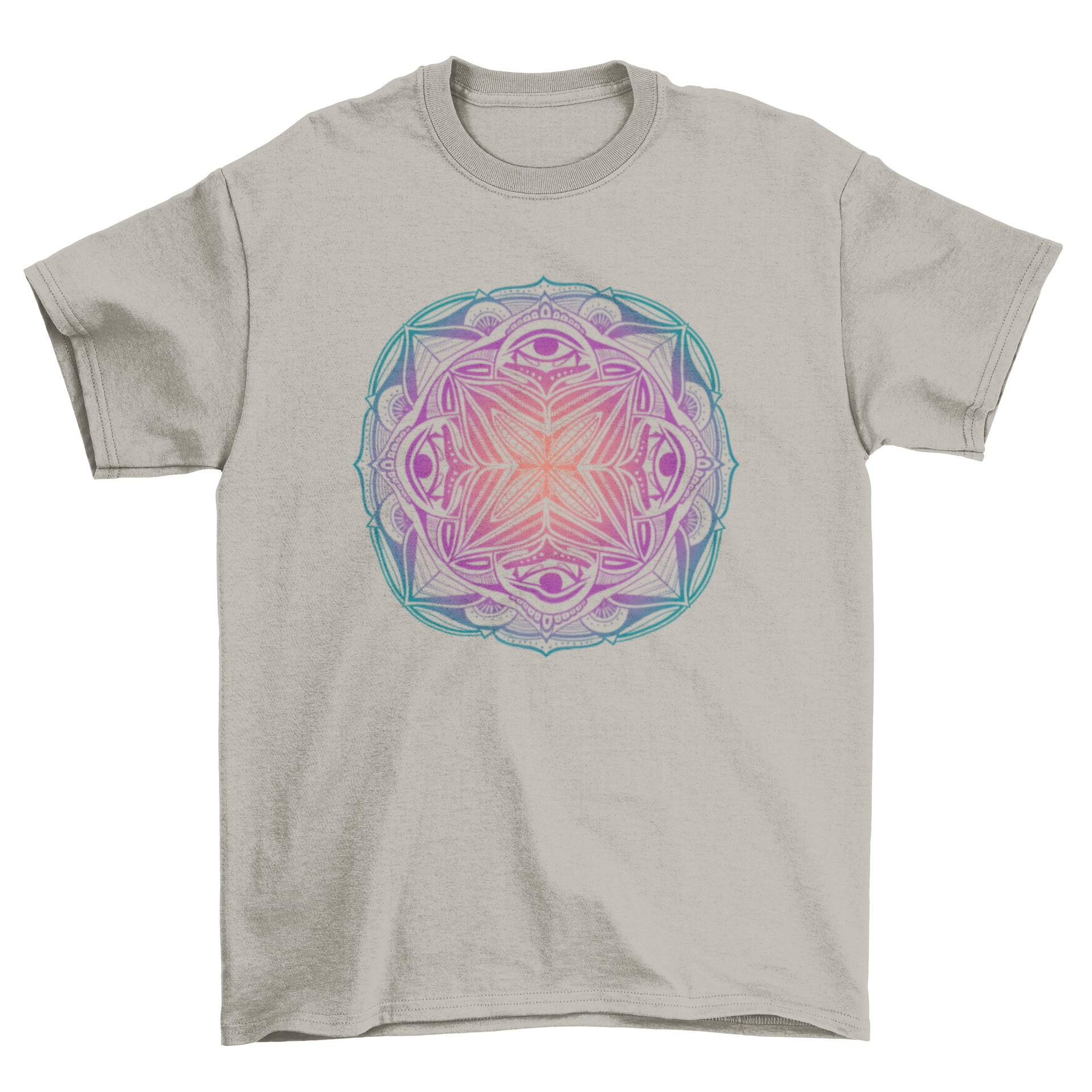 A vibrant Colorful Mandala T-shirt featuring a trippy mandala design in various colors, perfect for casual wear.