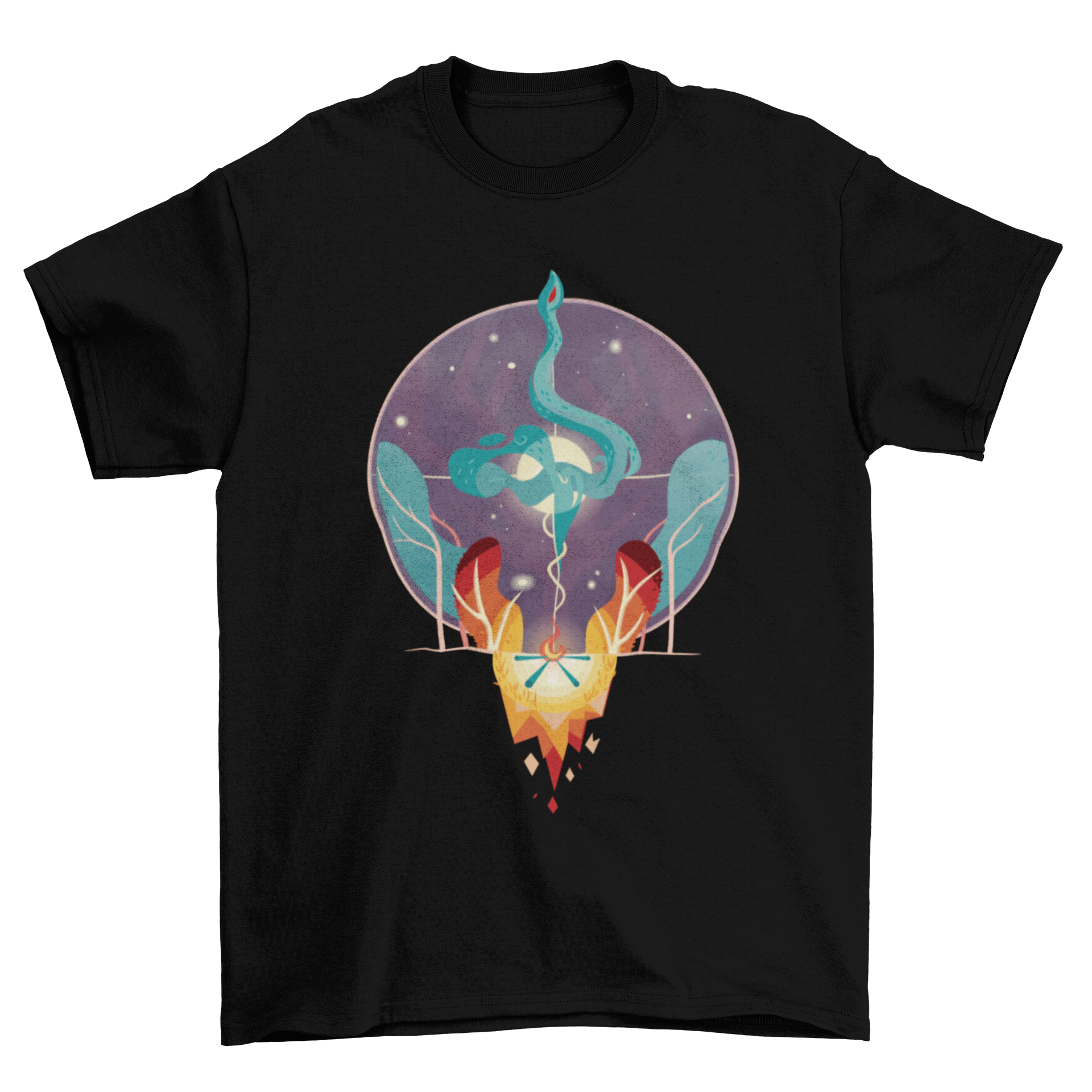 Colorful T-shirt design featuring mystical tribal fire and water elements, showcasing vibrant colors and intricate patterns.