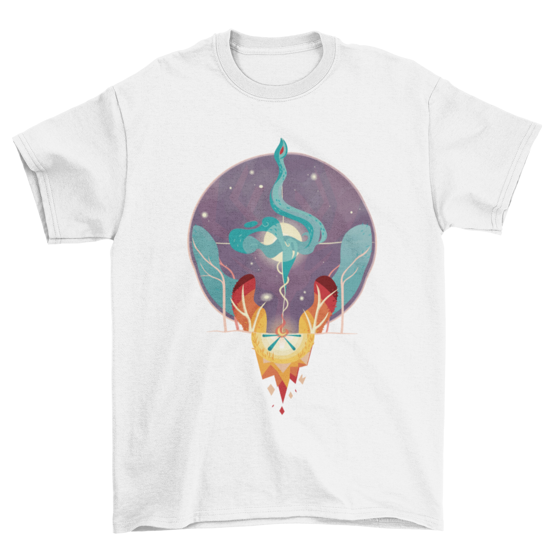 Colorful T-shirt design featuring mystical tribal fire and water elements, showcasing vibrant colors and intricate patterns.