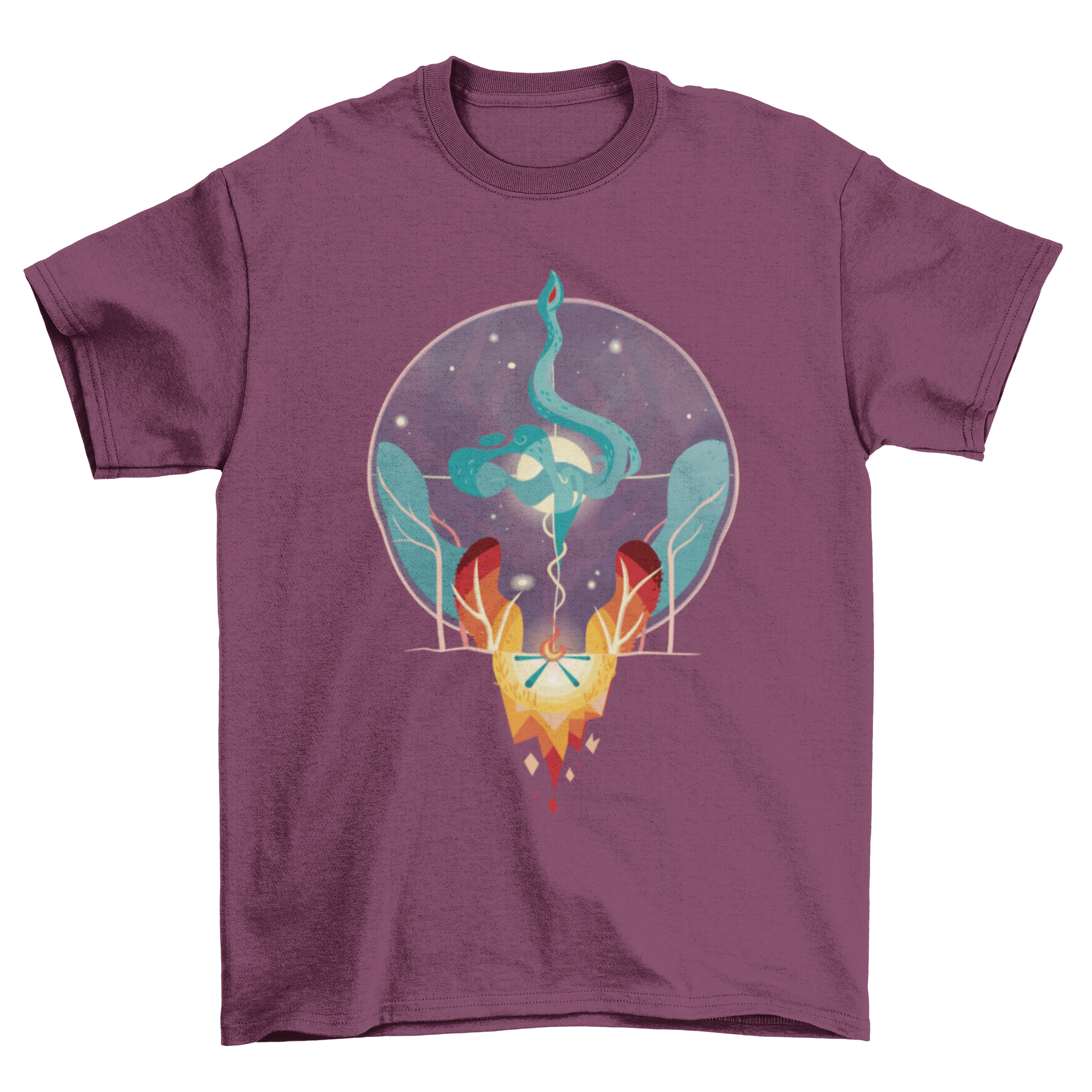 Colorful T-shirt design featuring mystical tribal fire and water elements, showcasing vibrant colors and intricate patterns.