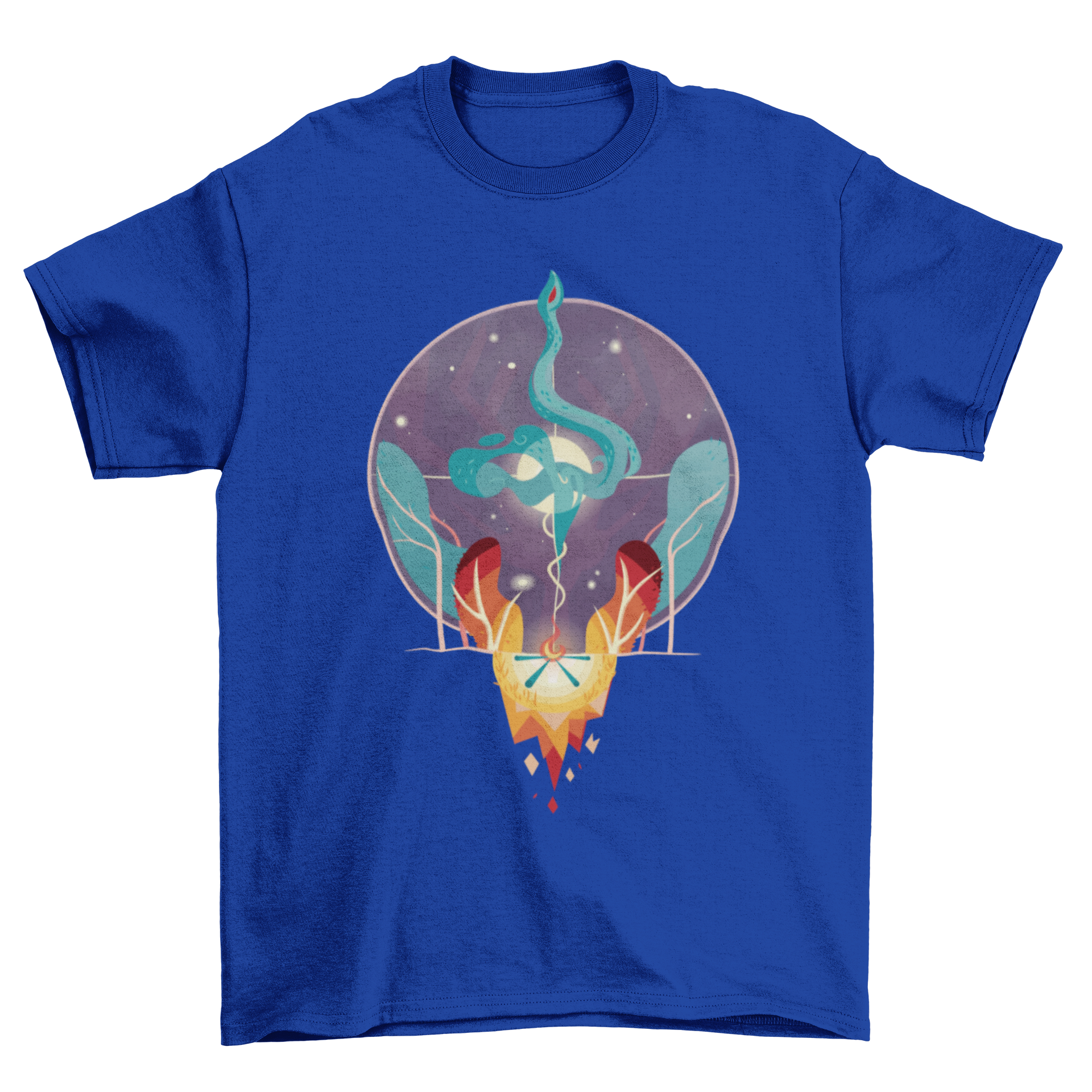 Colorful T-shirt design featuring mystical tribal fire and water elements, showcasing vibrant colors and intricate patterns.