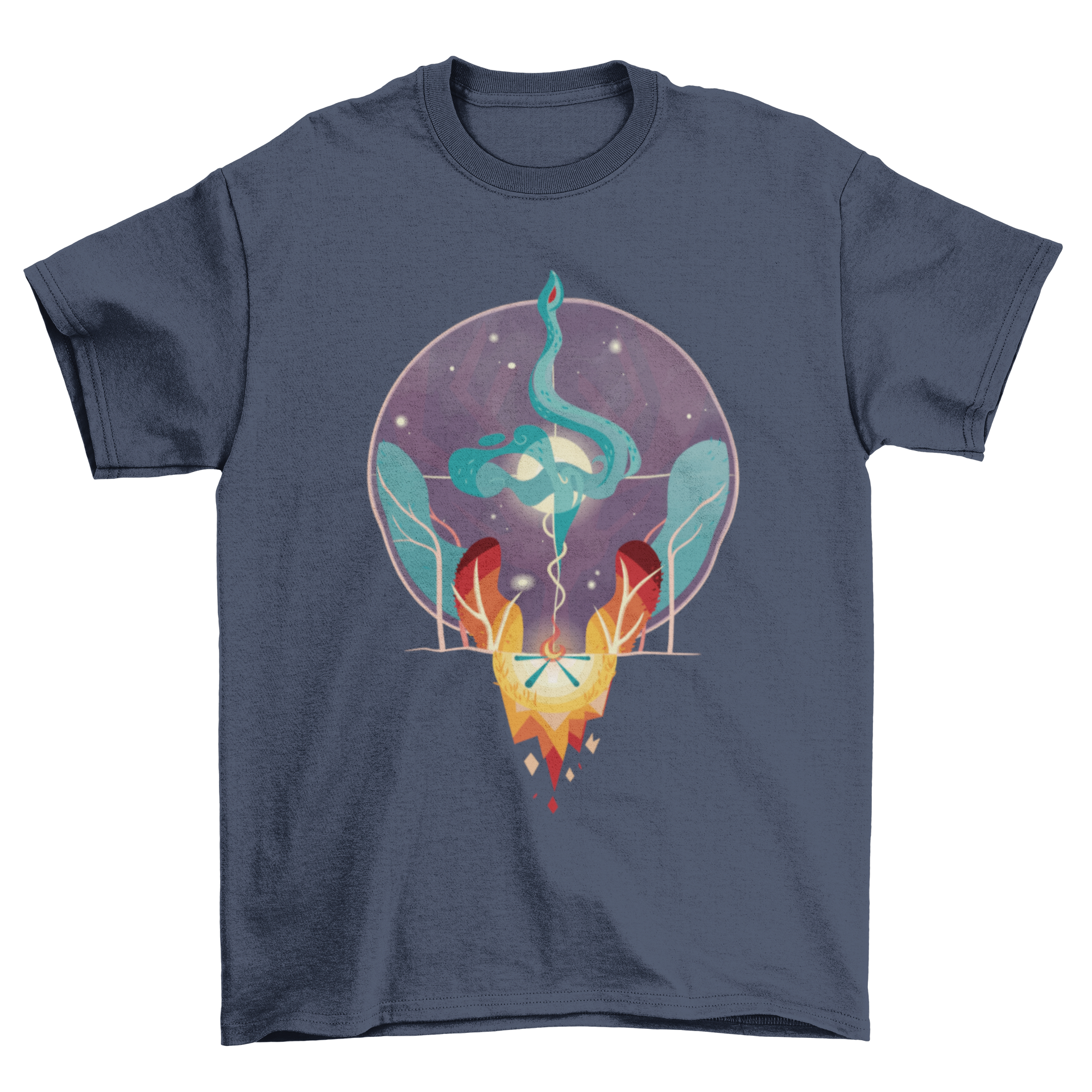 Colorful T-shirt design featuring mystical tribal fire and water elements, showcasing vibrant colors and intricate patterns.