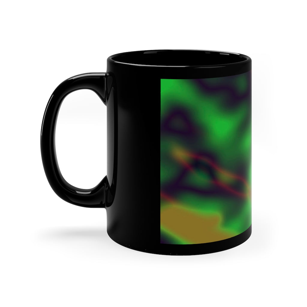 Colorful Pattern 11oz Black Mug with customizable designs, showcasing a sleek black ceramic finish and comfortable C-handle.