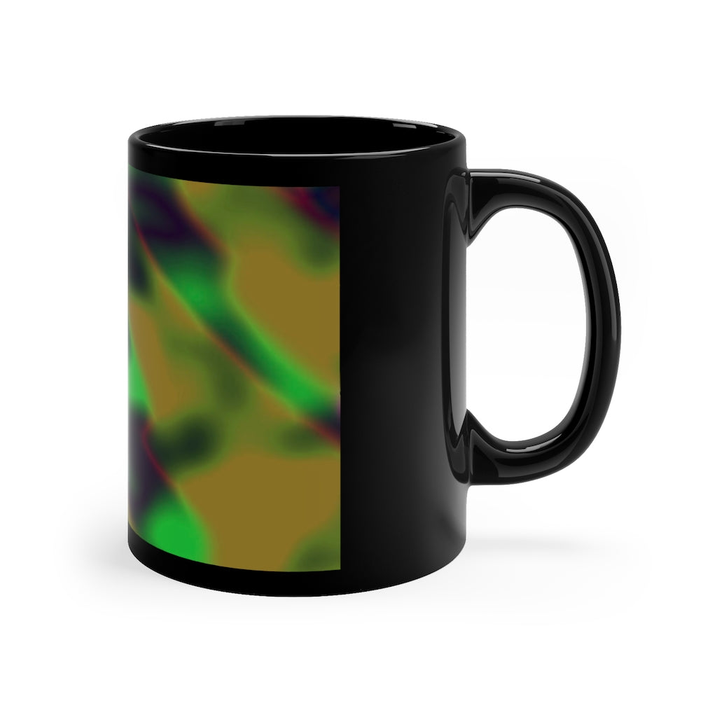 Colorful Pattern 11oz Black Mug with customizable designs, showcasing a sleek black ceramic finish and comfortable C-handle.