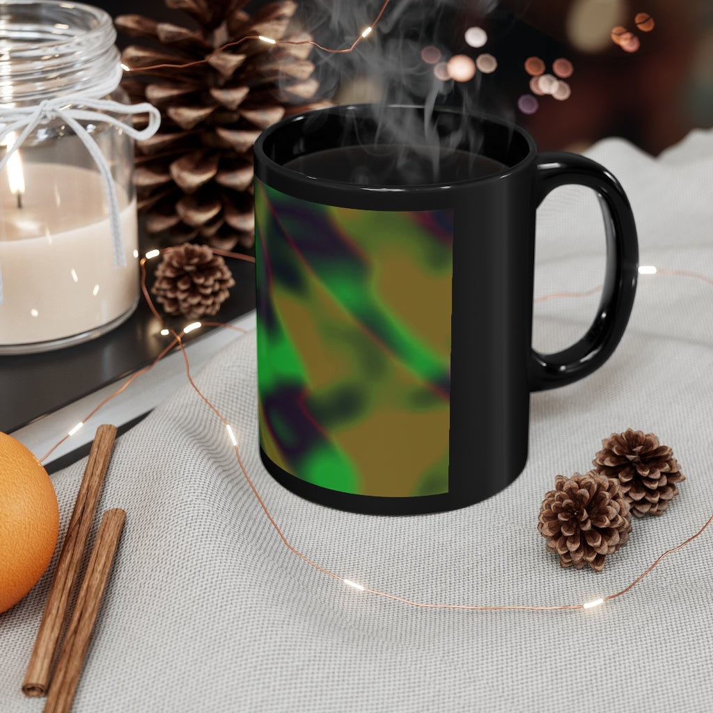 Colorful Pattern 11oz Black Mug with customizable designs, showcasing a sleek black ceramic finish and comfortable C-handle.