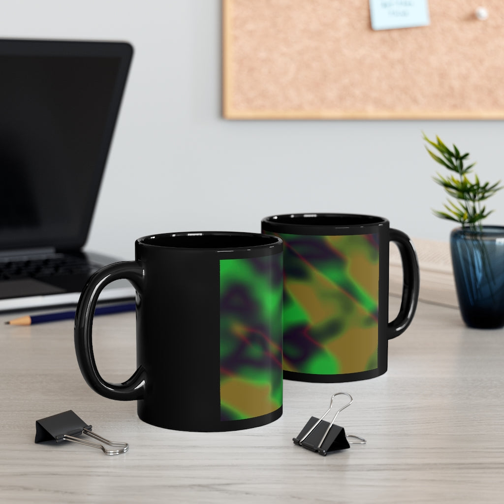 Colorful Pattern 11oz Black Mug with customizable designs, showcasing a sleek black ceramic finish and comfortable C-handle.