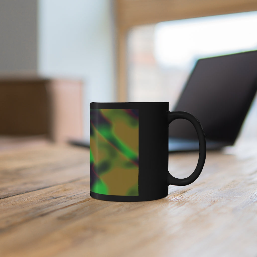 Colorful Pattern 11oz Black Mug with customizable designs, showcasing a sleek black ceramic finish and comfortable C-handle.