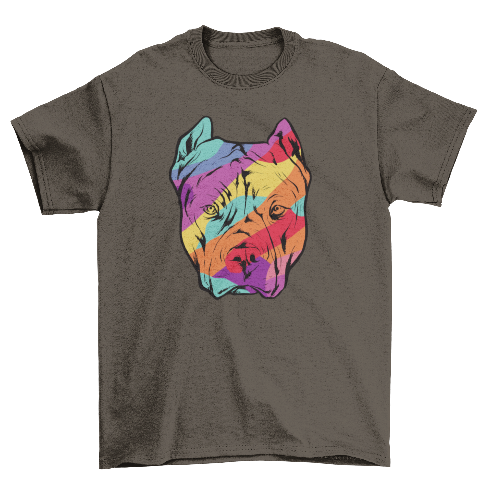 A vibrant t-shirt featuring a colorful illustration of a pitbull, showcasing its playful and friendly nature.