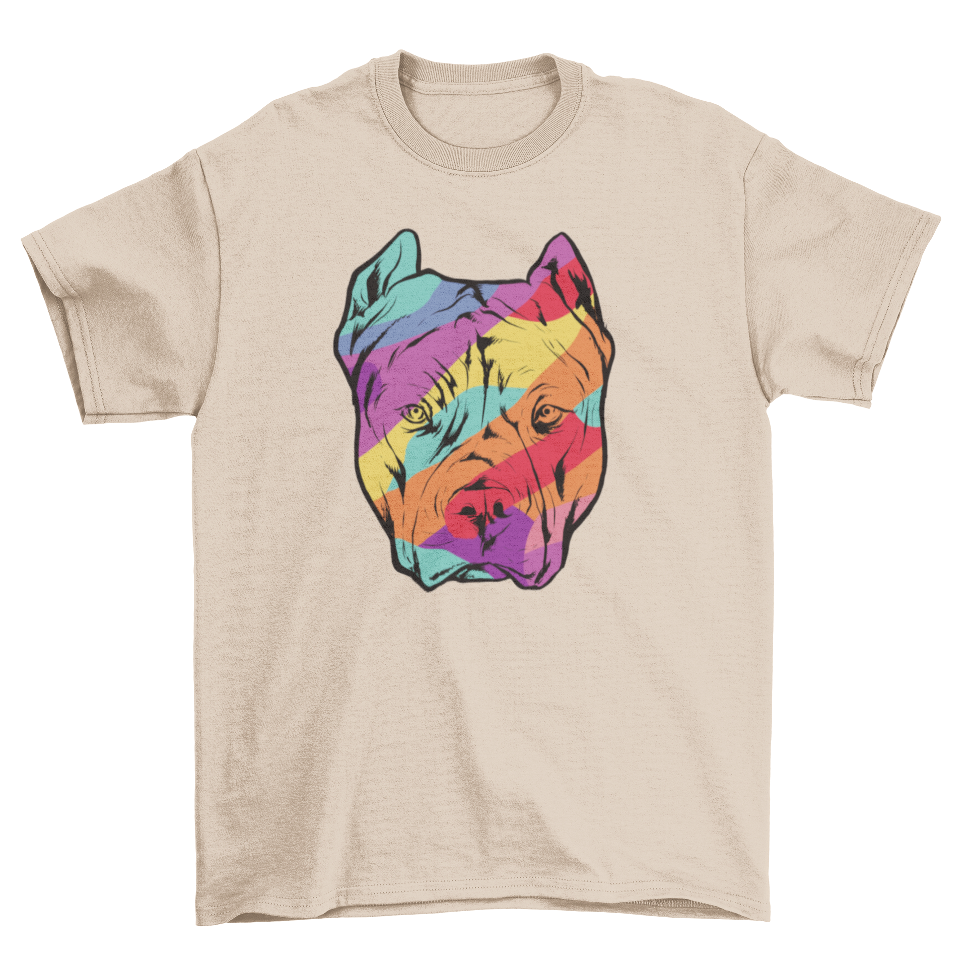 A vibrant t-shirt featuring a colorful illustration of a pitbull, showcasing its playful and friendly nature.