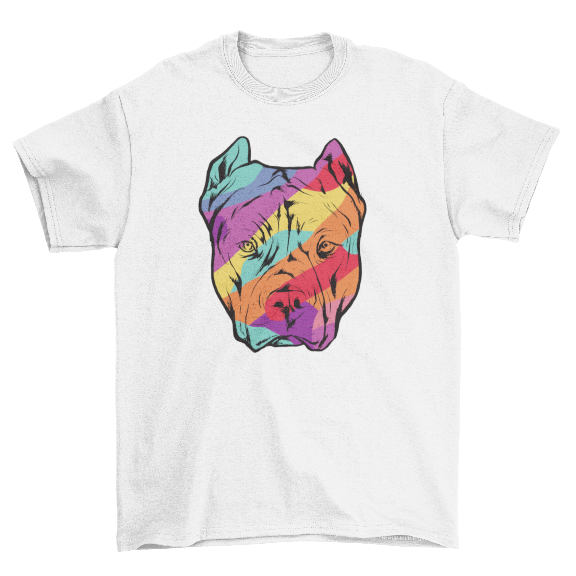 A vibrant t-shirt featuring a colorful illustration of a pitbull, showcasing its playful and friendly nature.