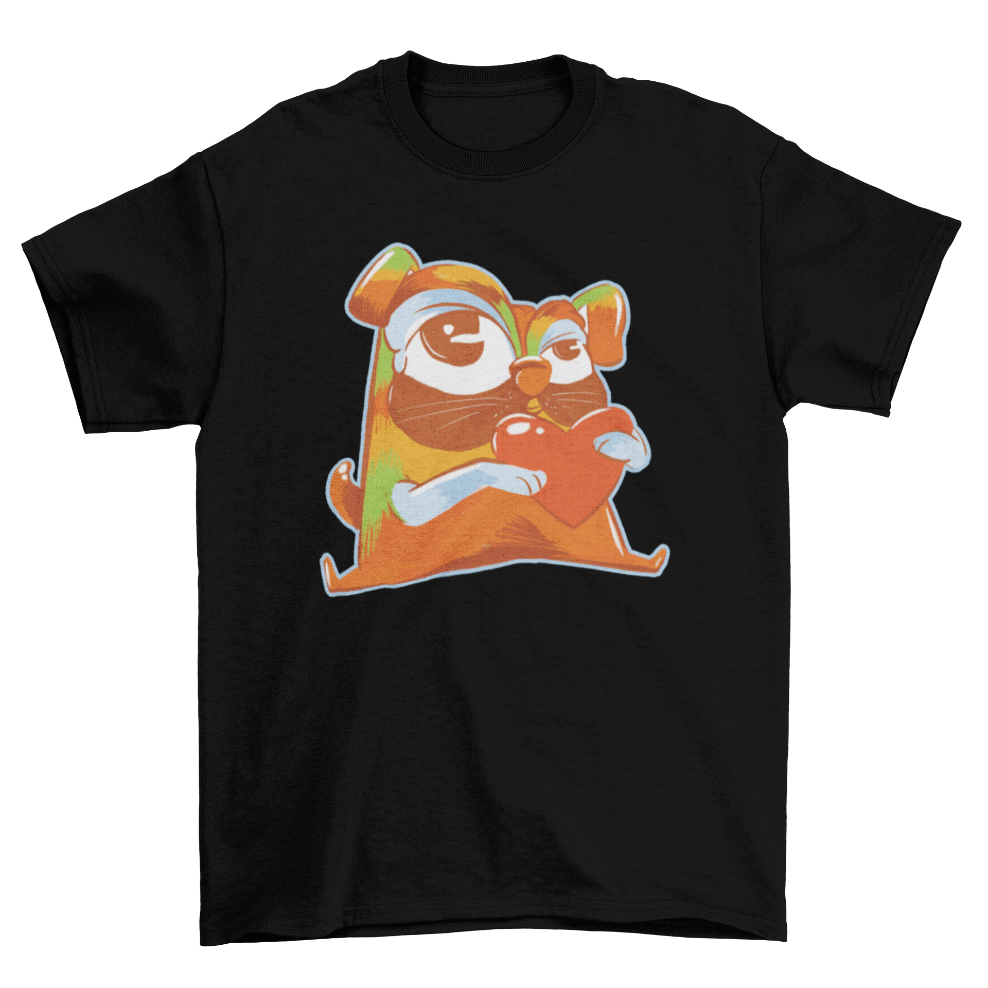 A colorful pug illustration on a t-shirt, holding a heart, showcasing a playful and vibrant design.