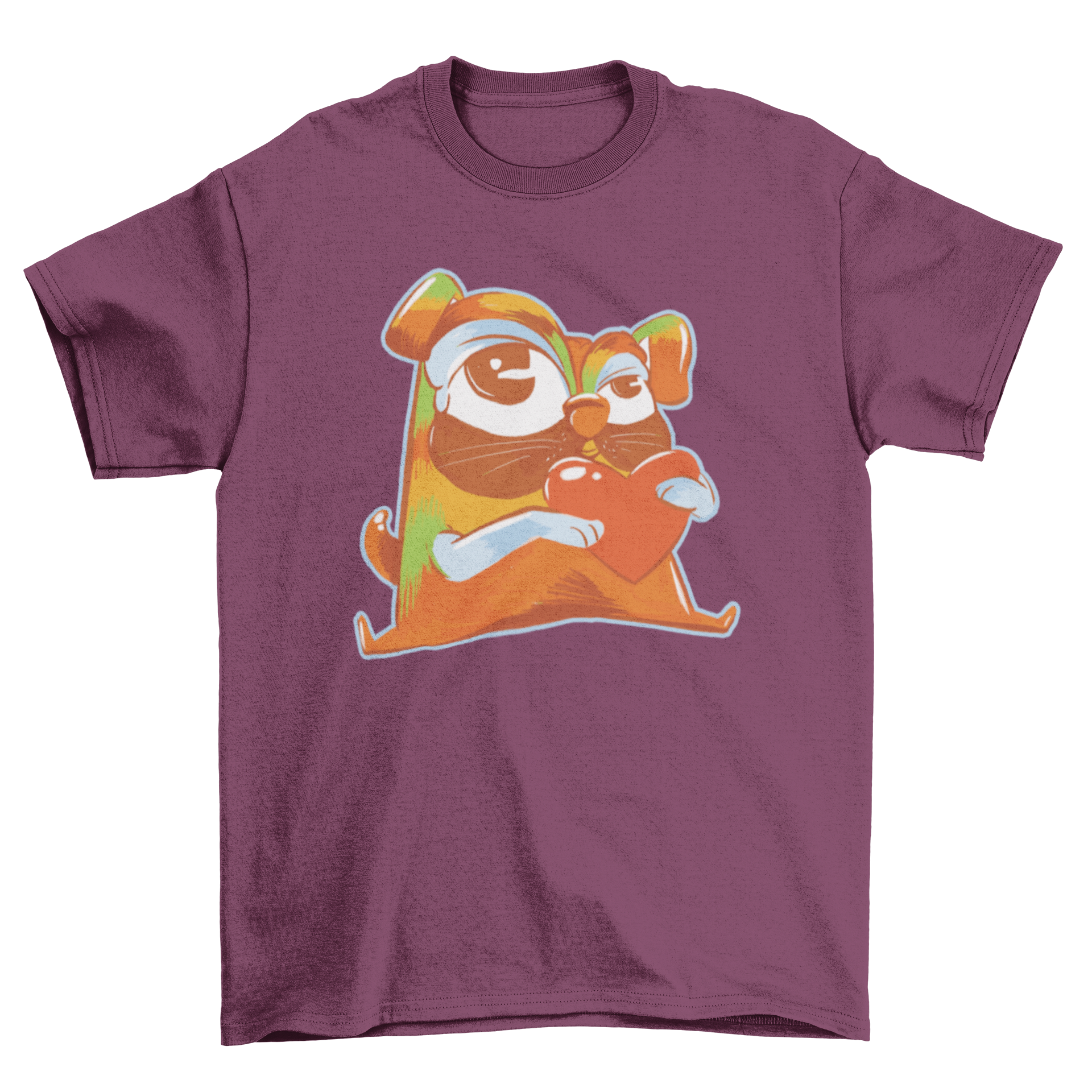 A colorful pug illustration on a t-shirt, holding a heart, showcasing a playful and vibrant design.