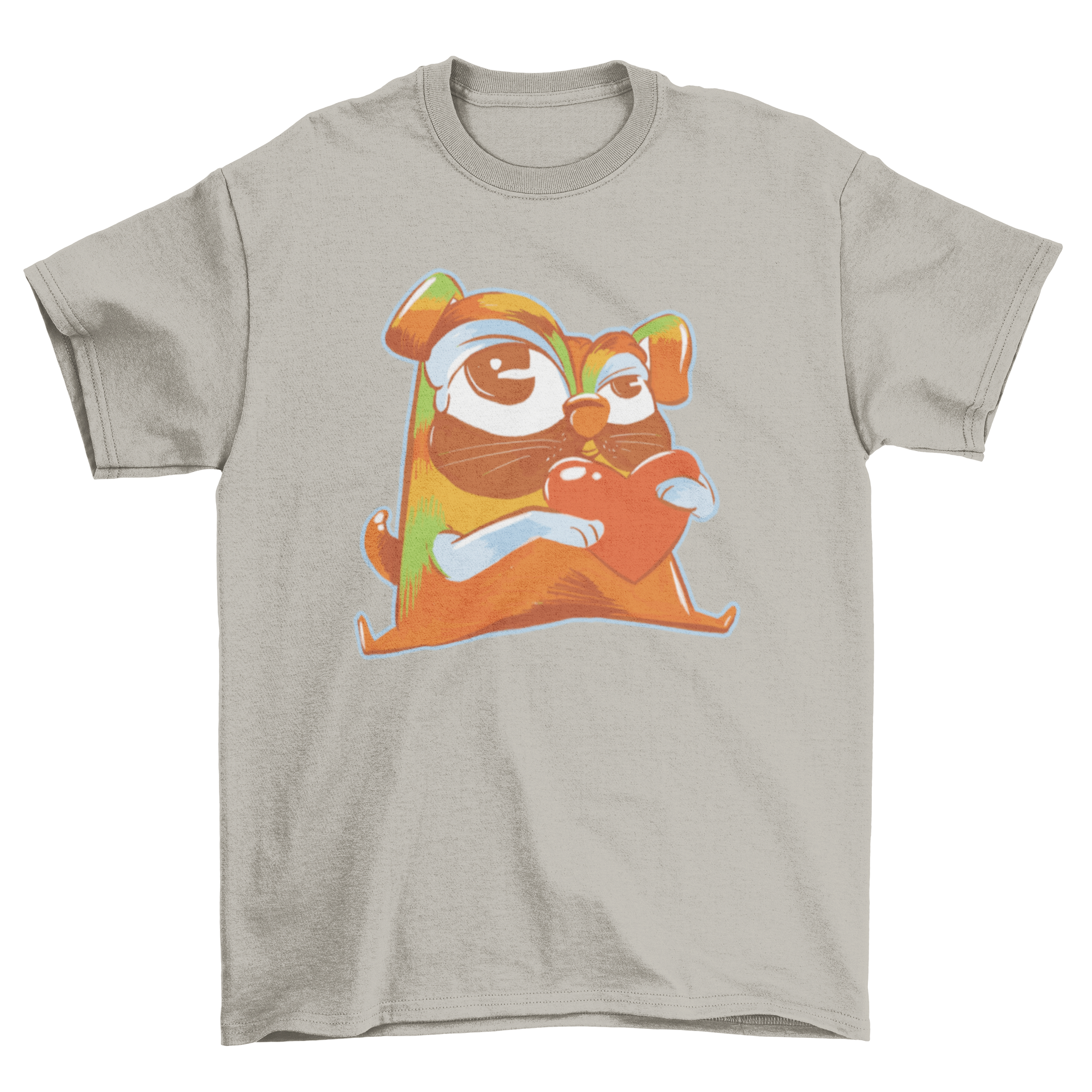 A colorful pug illustration on a t-shirt, holding a heart, showcasing a playful and vibrant design.