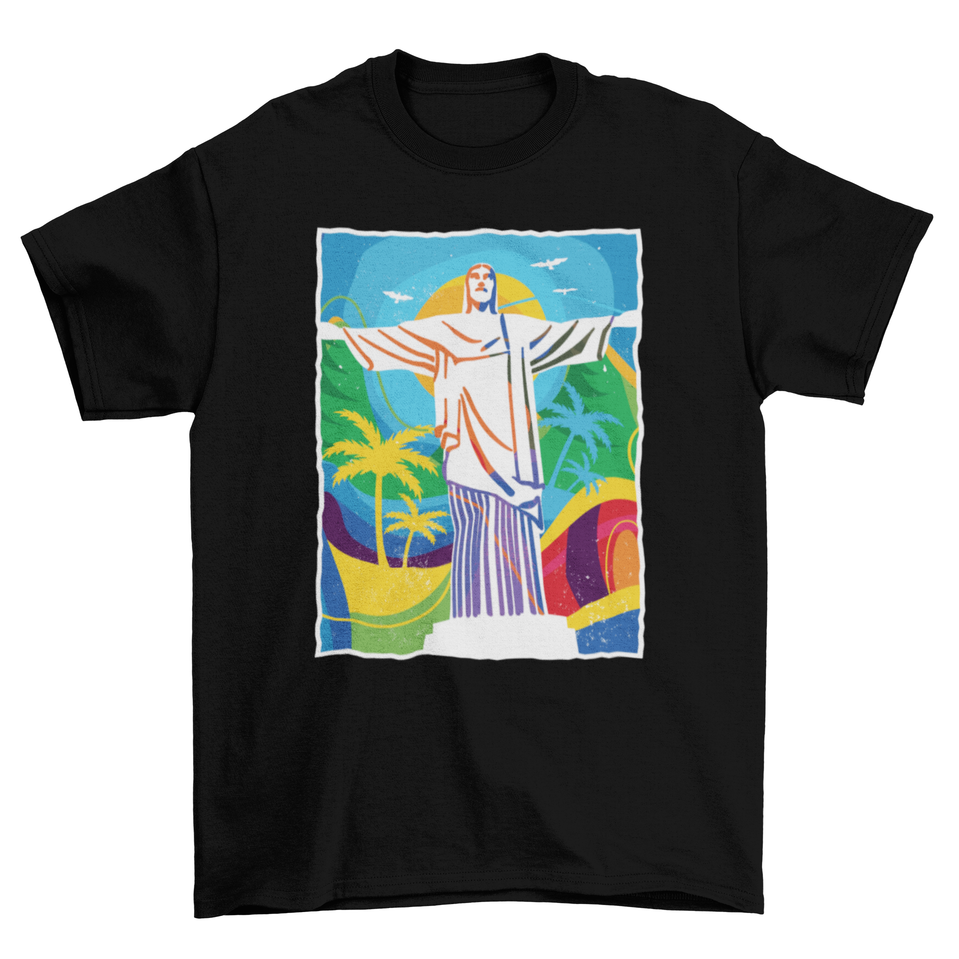 Colorful Rio t-shirt featuring Christ the Redeemer statue illustration on a vibrant background.