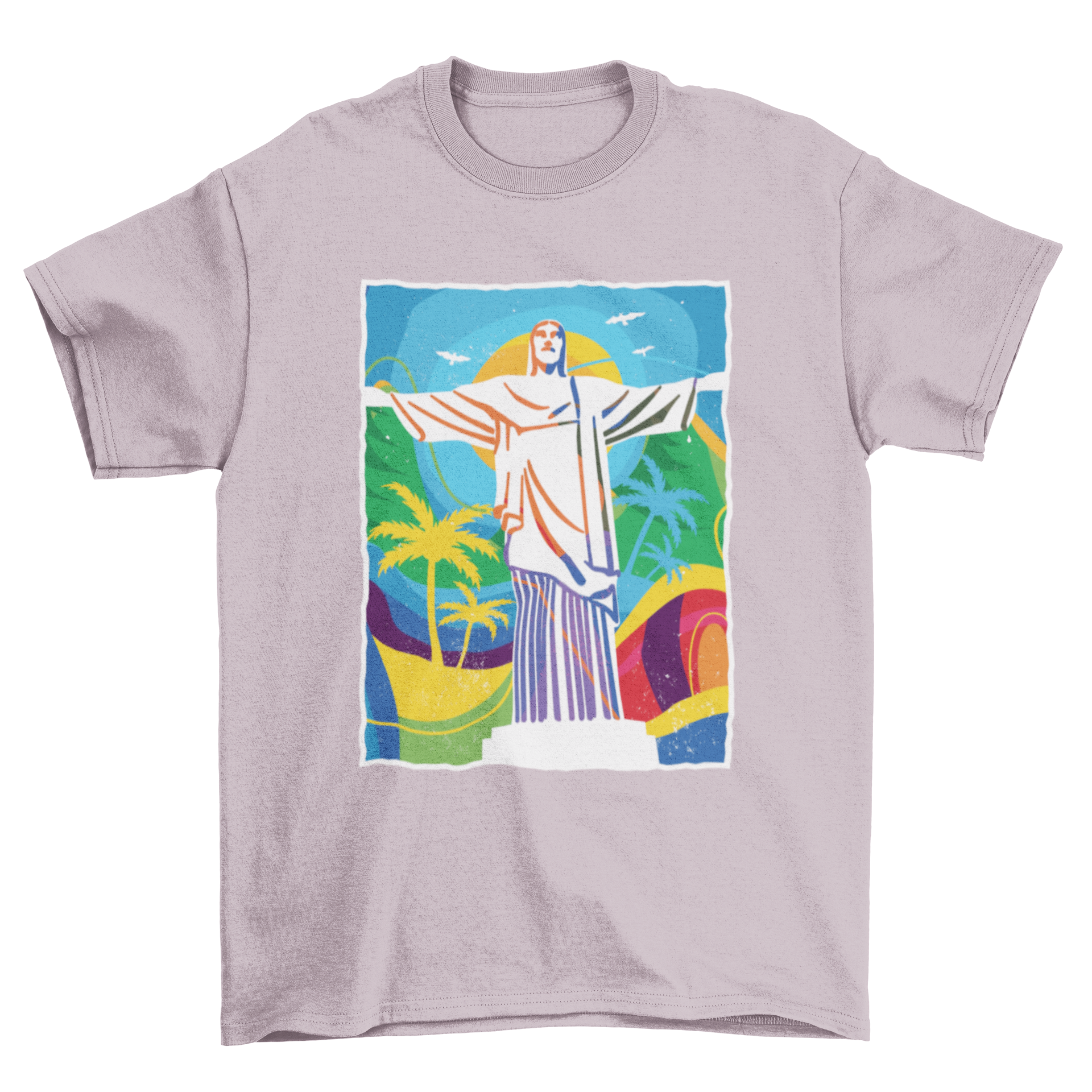 Colorful Rio t-shirt featuring Christ the Redeemer statue illustration on a vibrant background.