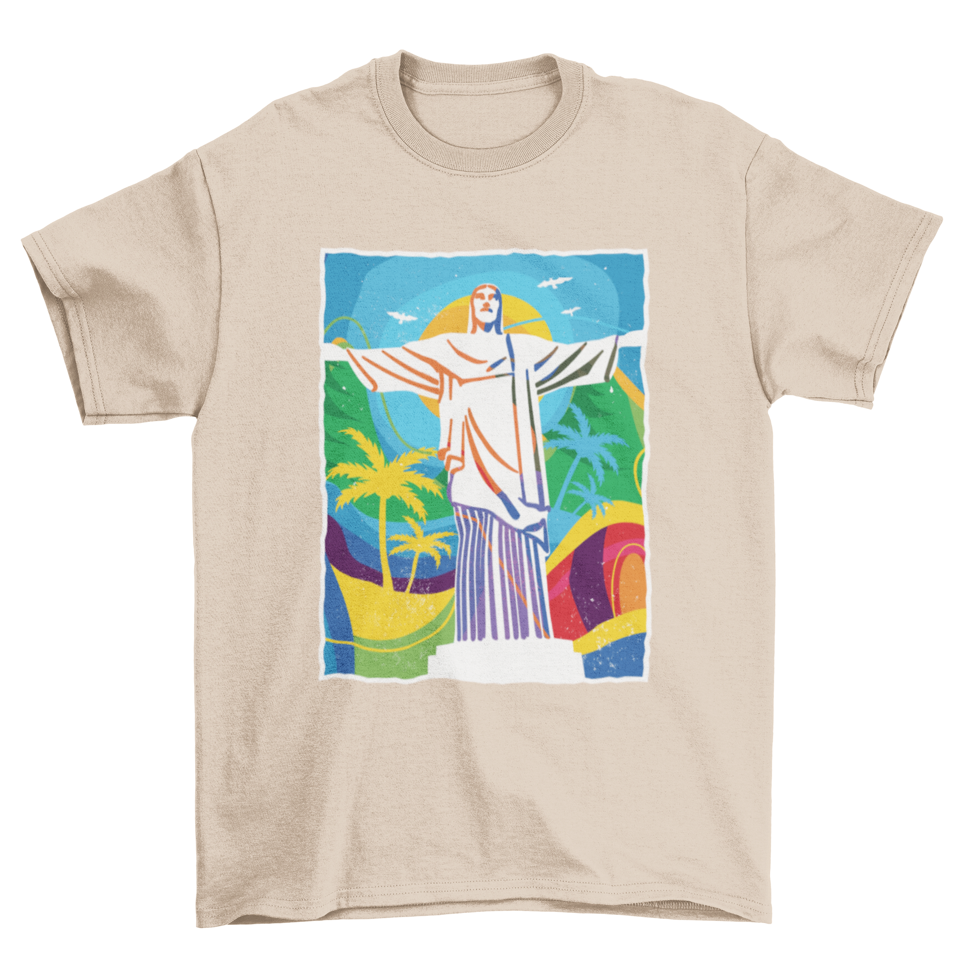 Colorful Rio t-shirt featuring Christ the Redeemer statue illustration on a vibrant background.