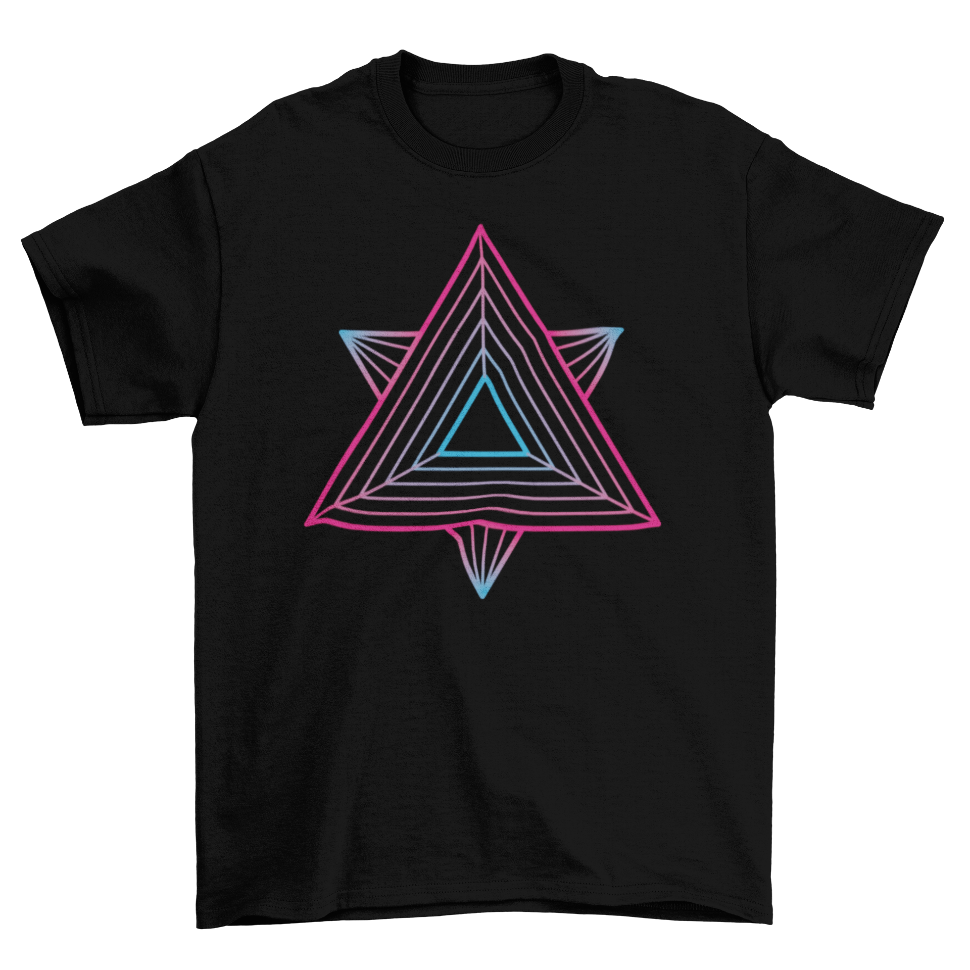 Colorful t-shirt featuring a sacred geometry design in blue and pink tones, showcasing intricate patterns.