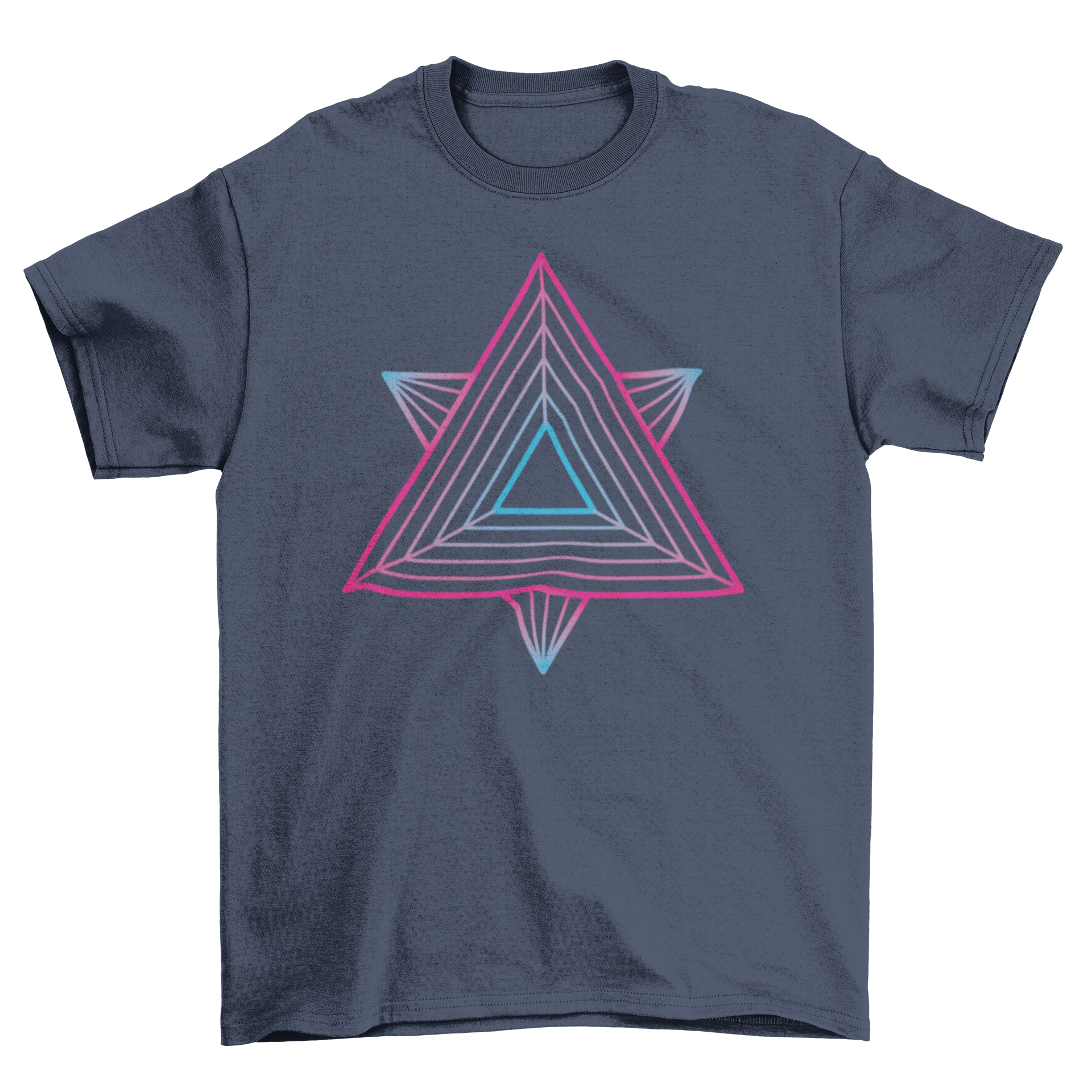 Colorful t-shirt featuring a sacred geometry design in blue and pink tones, showcasing intricate patterns.