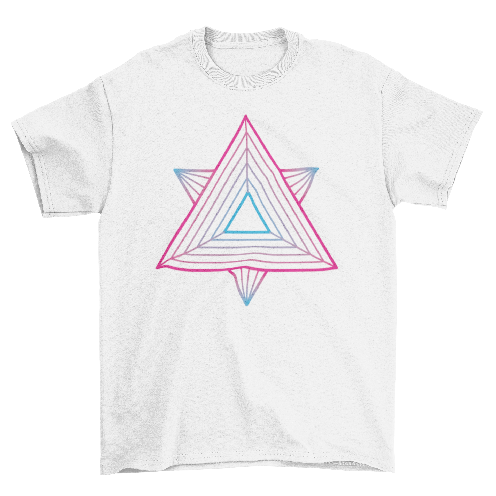 Colorful t-shirt featuring a sacred geometry design in blue and pink tones, showcasing intricate patterns.