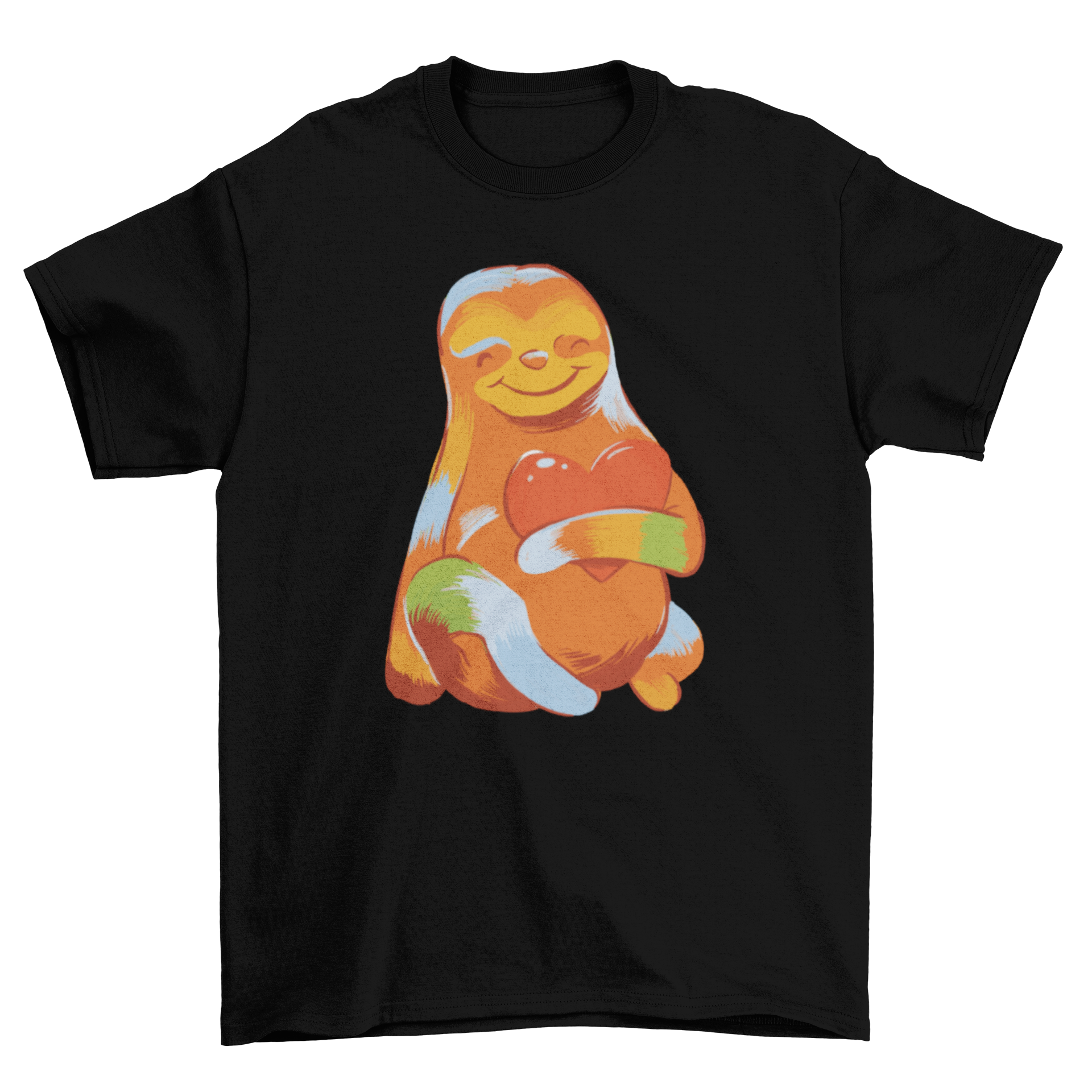 A colorful t-shirt featuring a cute sloth holding a heart, showcasing vibrant colors and a playful design.