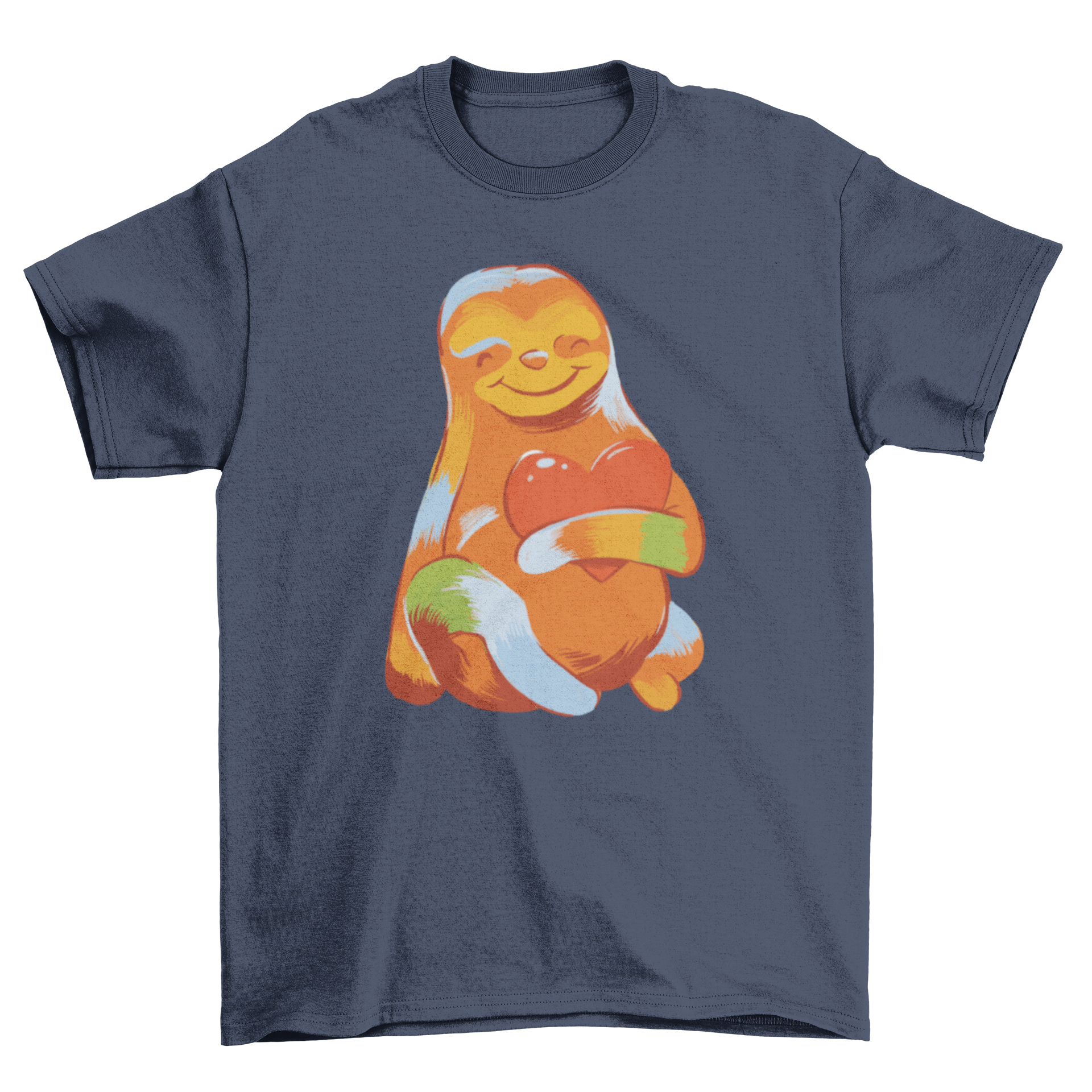 A colorful t-shirt featuring a cute sloth holding a heart, showcasing vibrant colors and a playful design.