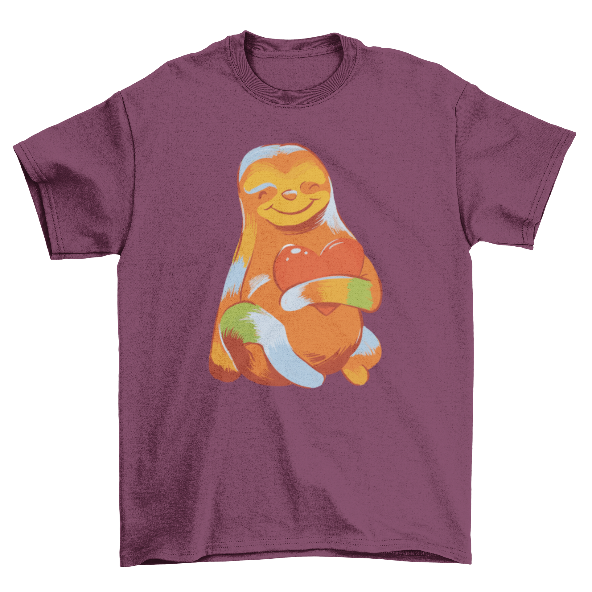 A colorful t-shirt featuring a cute sloth holding a heart, showcasing vibrant colors and a playful design.