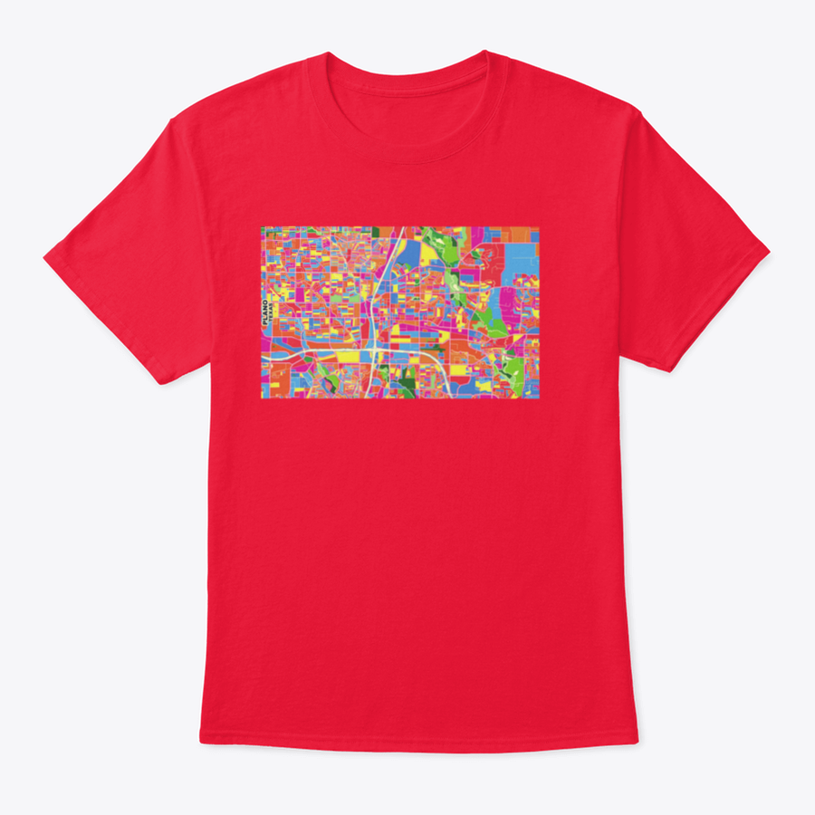 Colorful vector map design of Plano, Texas on a comfortable T-shirt, showcasing vibrant colors and intricate details.