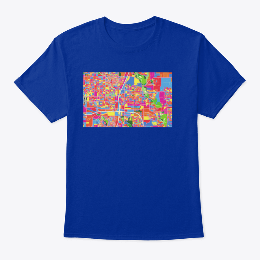 Colorful vector map design of Plano, Texas on a comfortable T-shirt, showcasing vibrant colors and intricate details.