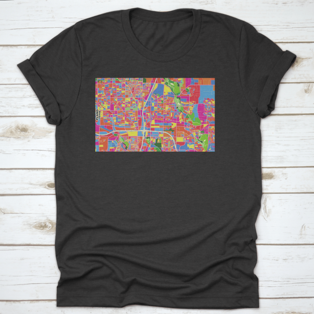 Colorful vector map design of Plano, Texas on a comfortable T-shirt, showcasing vibrant colors and intricate details.