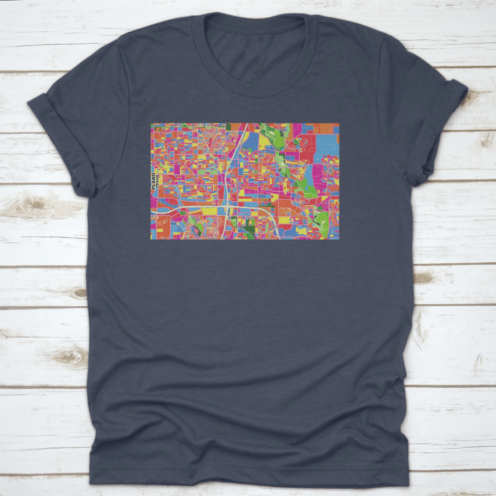 Colorful vector map design of Plano, Texas on a comfortable T-shirt, showcasing vibrant colors and intricate details.