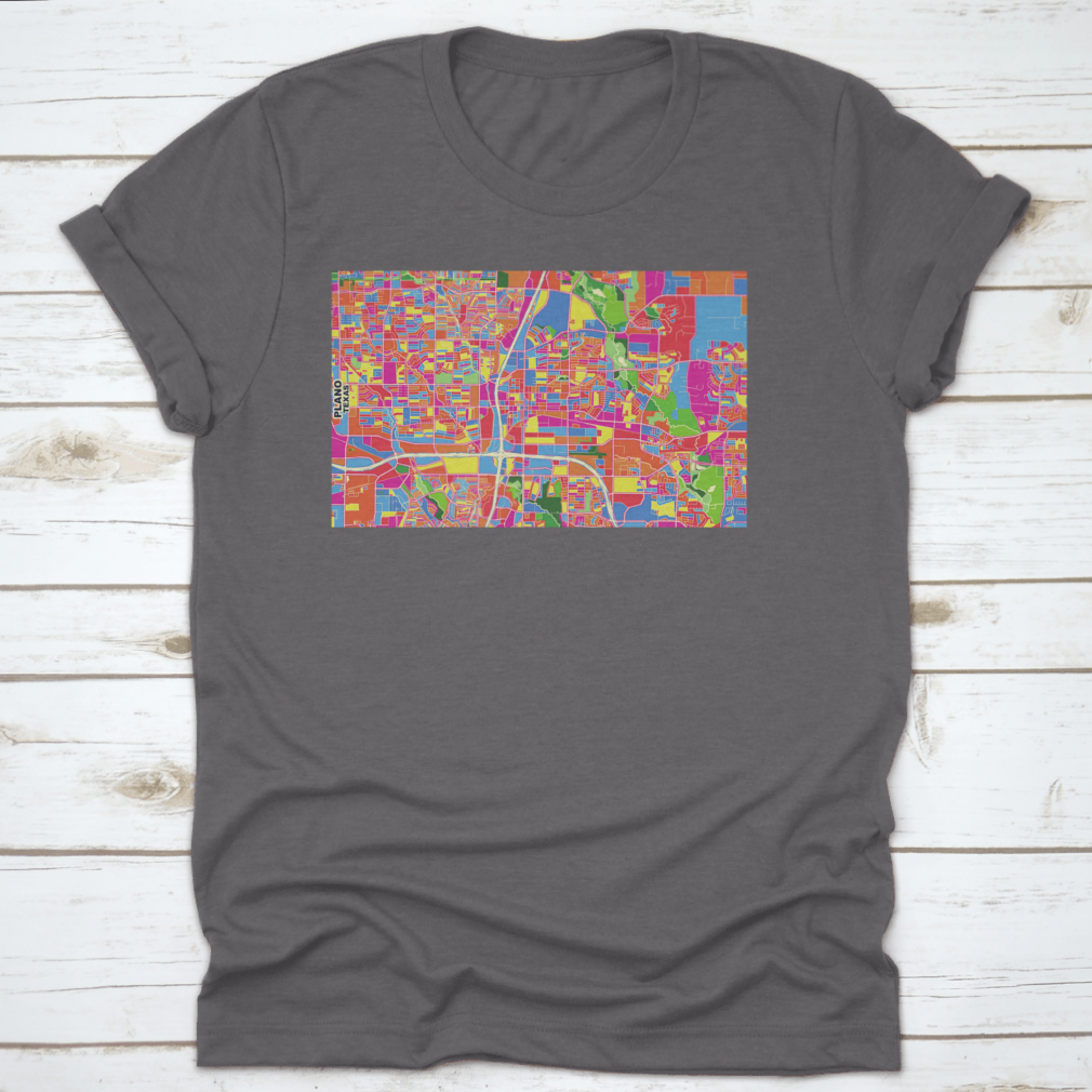 Colorful vector map design of Plano, Texas on a comfortable T-shirt, showcasing vibrant colors and intricate details.