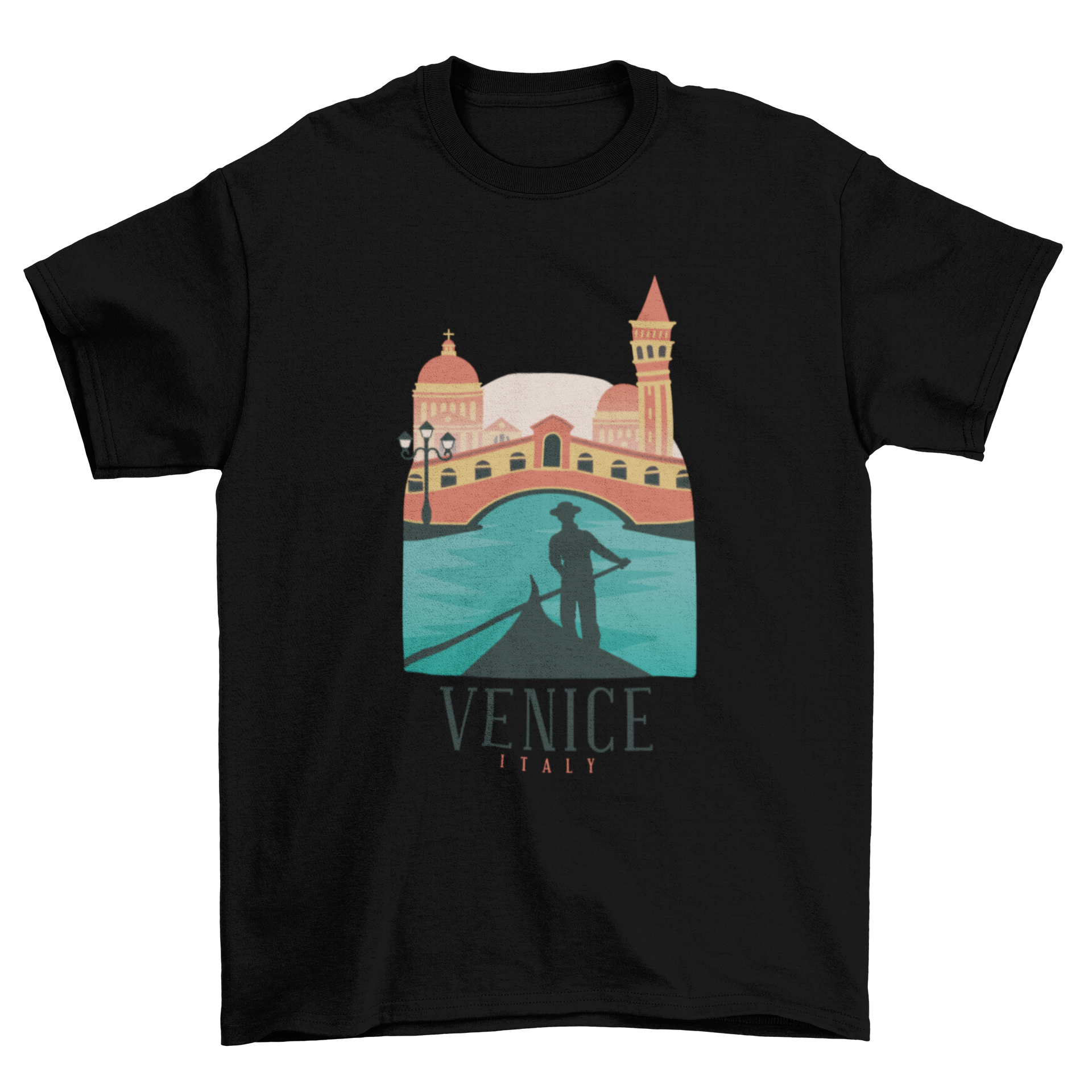 Colorful t-shirt featuring an illustrated skyline of Venice, Italy, showcasing famous buildings.