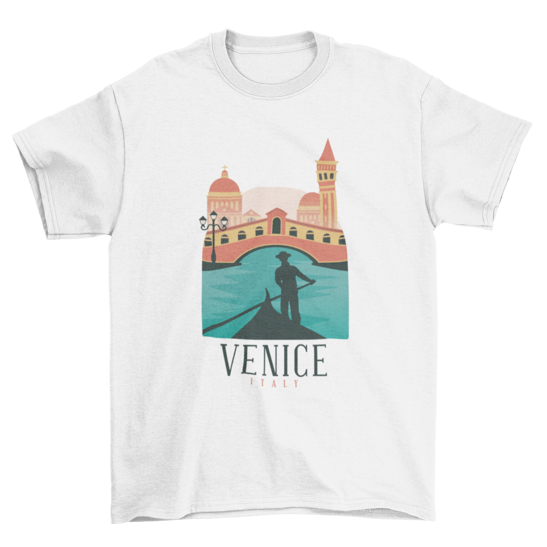 Colorful t-shirt featuring an illustrated skyline of Venice, Italy, showcasing famous buildings.