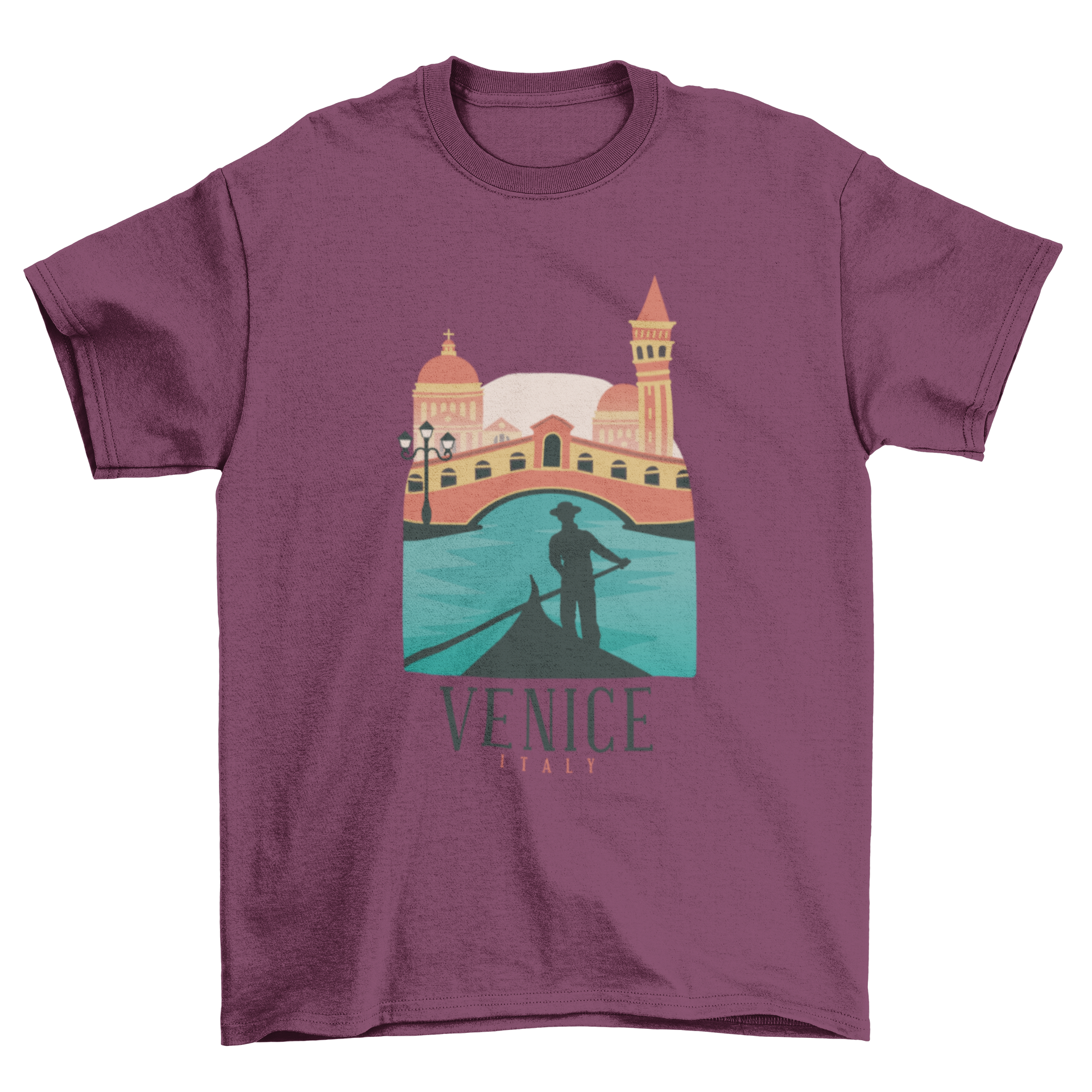 Colorful t-shirt featuring an illustrated skyline of Venice, Italy, showcasing famous buildings.