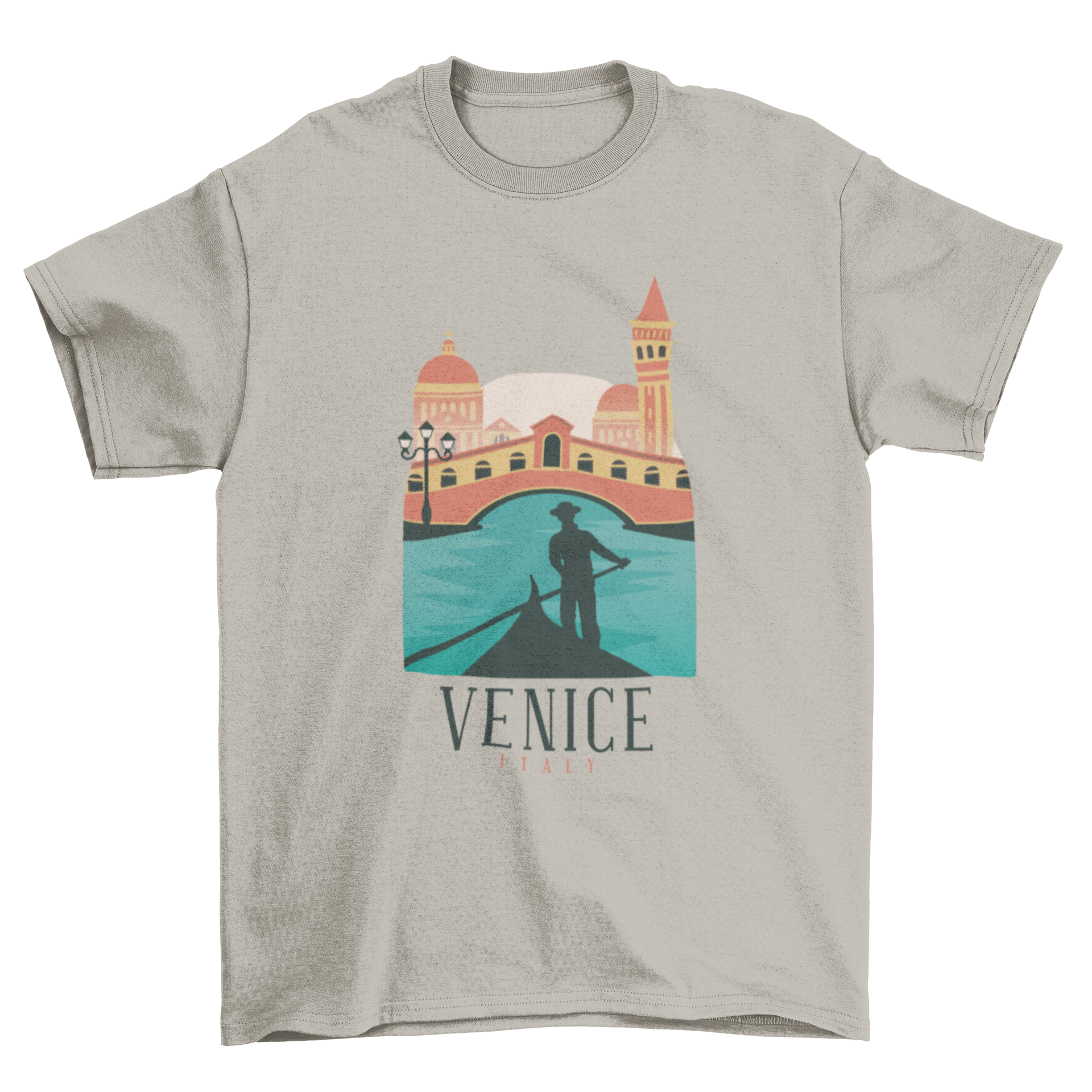 Colorful t-shirt featuring an illustrated skyline of Venice, Italy, showcasing famous buildings.