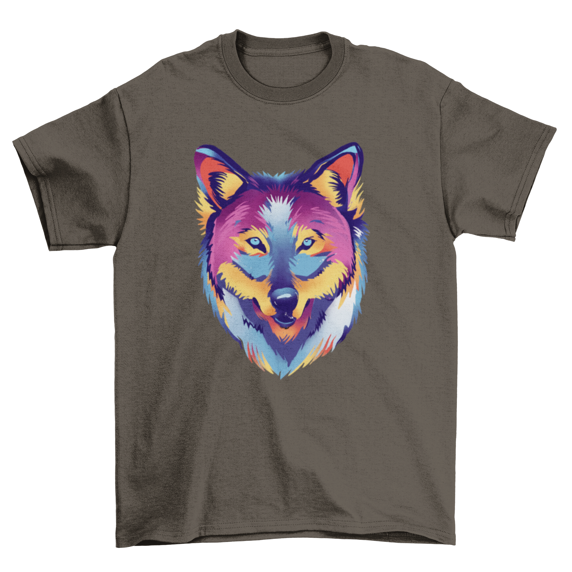 A vibrant t-shirt featuring a colorful wolf design, showcasing various hues and artistic details, perfect for wildlife enthusiasts.