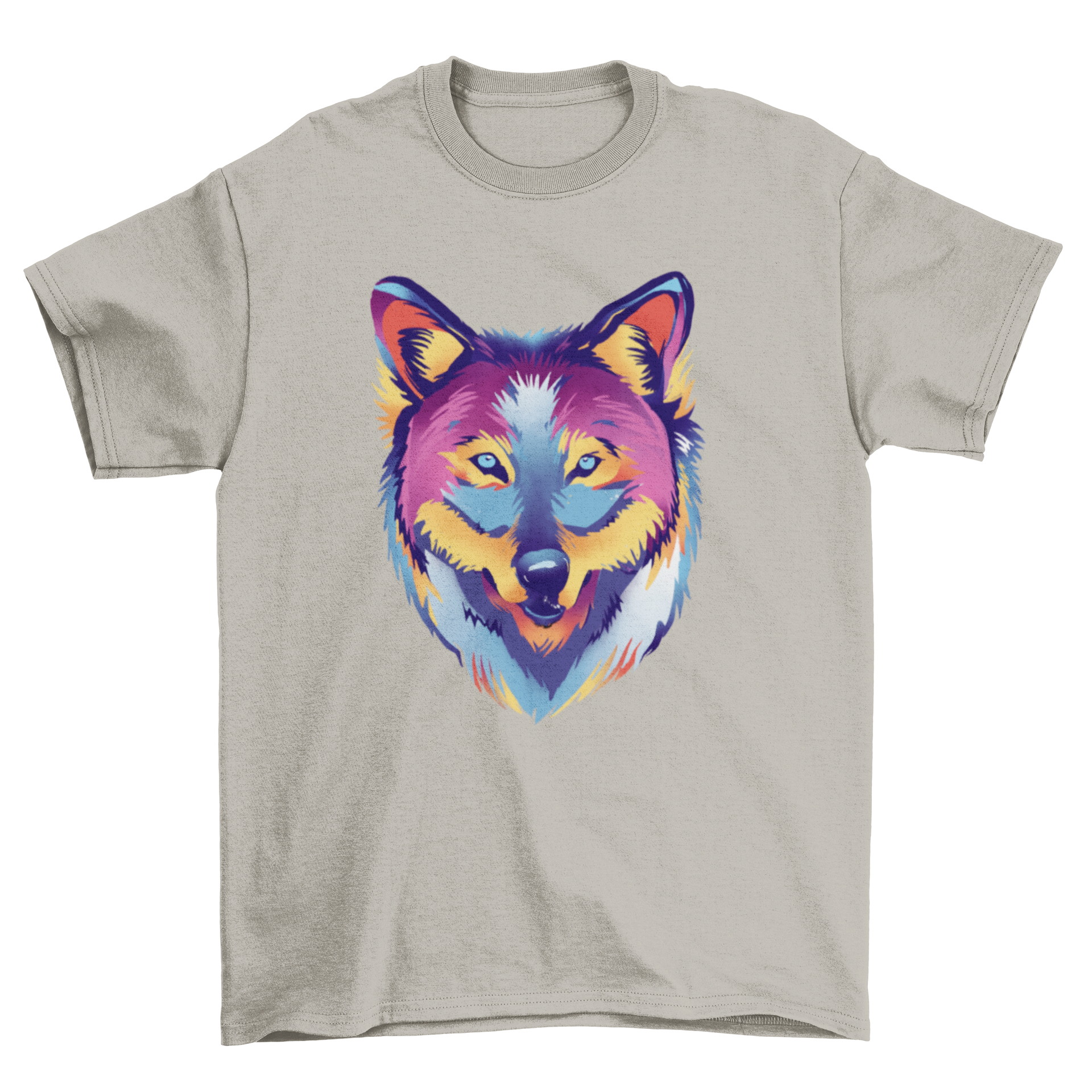 A vibrant t-shirt featuring a colorful wolf design, showcasing various hues and artistic details, perfect for wildlife enthusiasts.